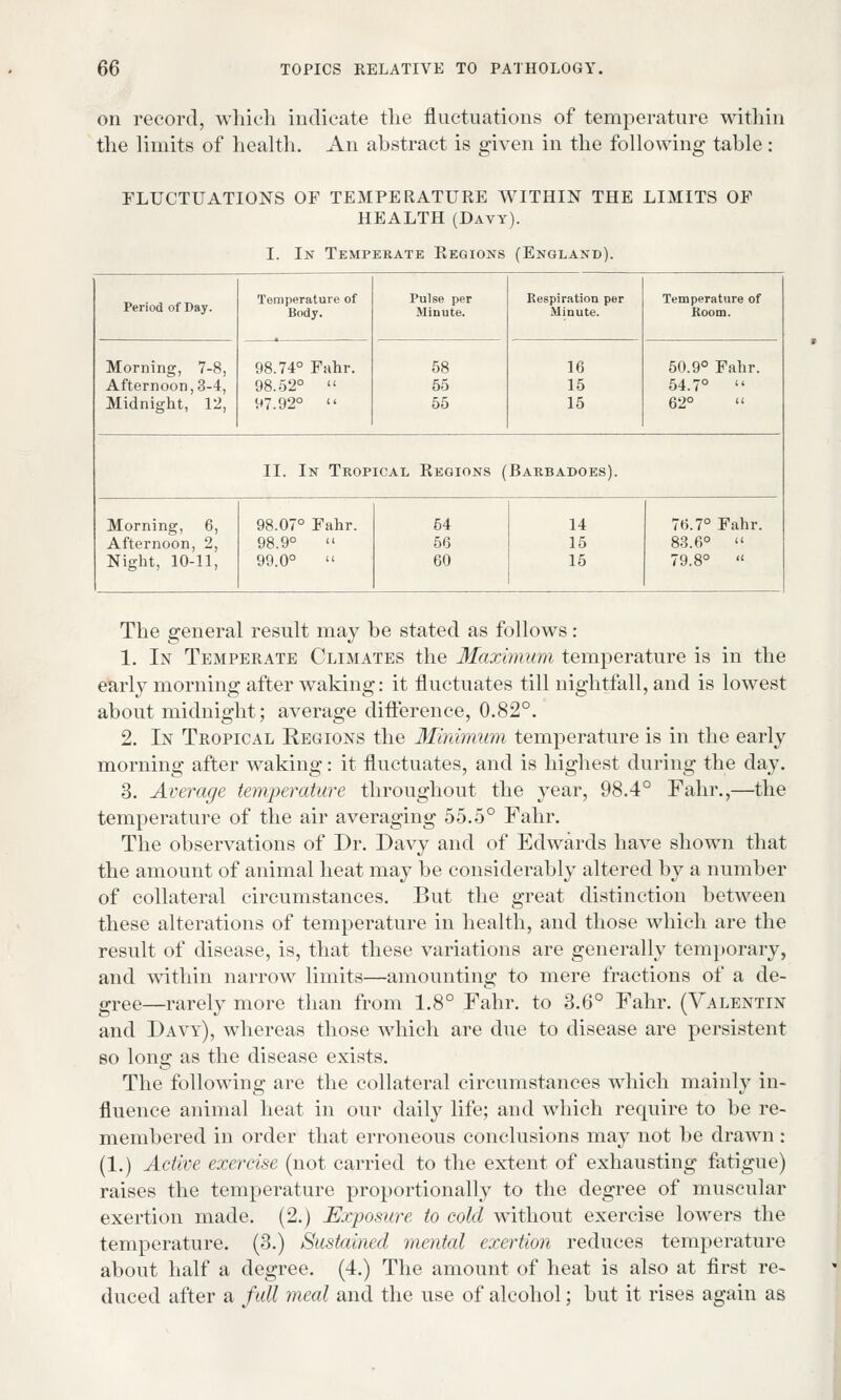 on record, which indicate the fluctuations of temperature within the limits of health. An abstract is given in the following: table: FLUCTUATIONS OF TEMPERATURE WITHIN THE LIMITS OF HEALTH (Davy). I. In Temperate Kegions (England). Period of Day. Temperature of Body. Pulse per Minute. Respiration per Minute. Temperature of Room. Morning, 7-8, Afternoon, 3-4, Midnight, 12, 98.74° Fahr. 98.52° » 97.92° 58 55 55 16 15 15 50.9° Fahr. 54.7° 62° II. In Tropical Kegions (Barbadoes). Morning, 6, Afternoon, 2, Night, 10-11, 98.07° Fahr. 98.9° 99.0° 54 56 60 14 15 15 76.7° Fahr. 83.6° 79.8° The general result may be stated as follows: 1. In Temperate Climates the Maximum temperature is in the early morning after waking: it fluctuates till nightfall, and is lowest about midnight; average difference, 0.82°. 2. In Tropical Regions the Minimum temperature is in the early morning after waking: it fluctuates, and is highest during the day. 3. Average temperature throughout the year, 98.4° Fahr.,—the temperature of the air averaging 55.5° Fahr. The observations of Dr. Davy and of Edwards have shown that the amount of animal heat may be considerably altered by a number of collateral circumstances. But the great distinction between these alterations of temperature in health, and those which are the result of disease, is, that these variations are generally temporary, and within narrow limits—amounting to mere fractions of a de- gree—rarely more than from 1.8° Fahr. to 3.6° Fahr. (Valentin and Davy), whereas those which are due to disease are persistent so long as the disease exists. The following are the collateral circumstances which mainly in- fluence animal heat in our daily life; and which require to be re- membered in order that erroneous conclusions may not be drawn : (1.) Active exercise (not carried to the extent of exhausting fatigue) raises the temperature proportionally to the degree of muscular exertion made. (2.) Exposure to cold without exercise lowers the temperature. (3.) Sustained mental exertion reduces temperature about half a degree. (4.) The amount of heat is also at first re- duced after a ftdl meal and the use of alcohol; but it rises again as