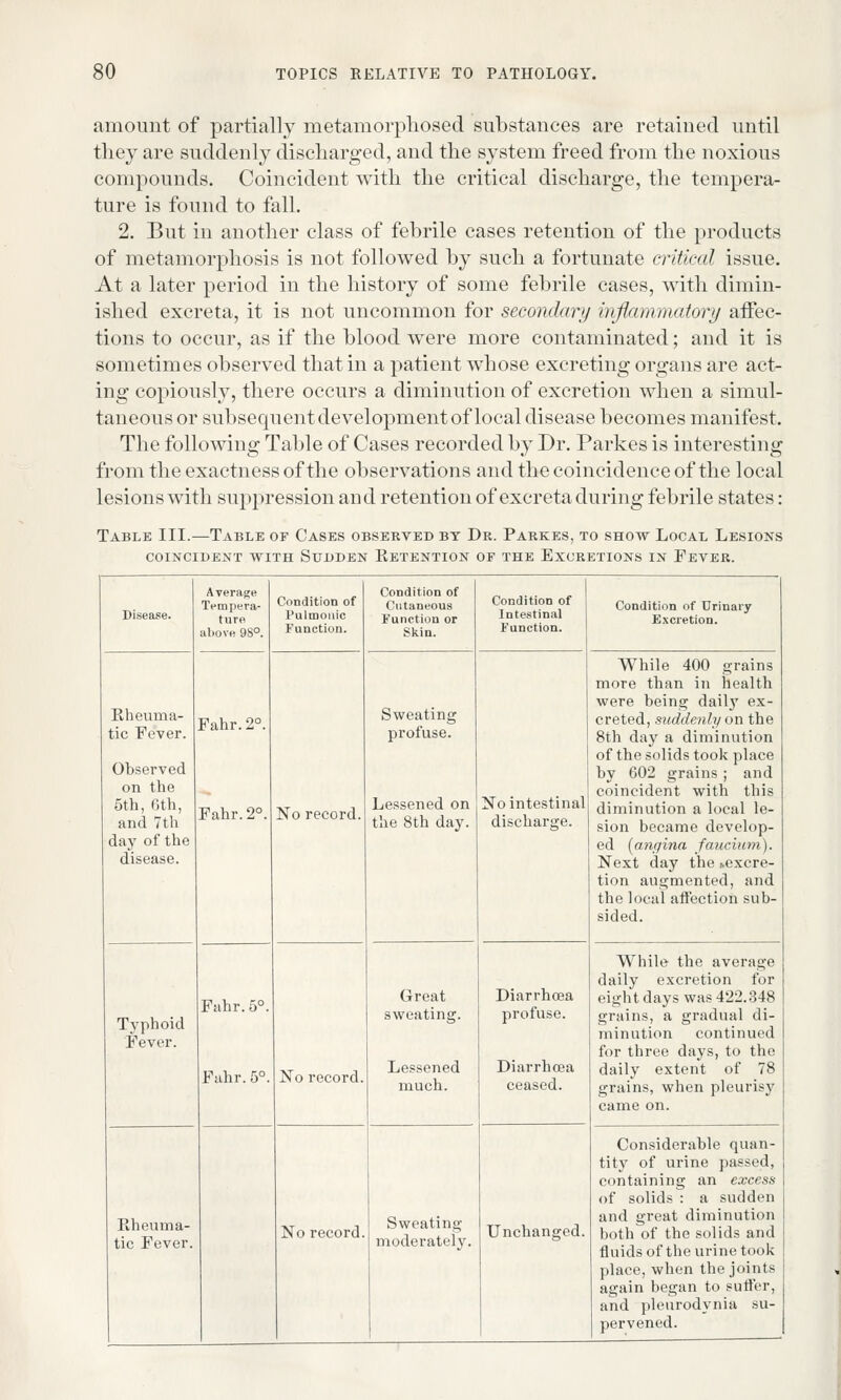amount of partially metamorphosed substances are retained until they are suddenly discharged, and the system freed from the noxious compounds. Coincident with the critical discharge, the tempera- ture is found to fall. 2. But in another class of febrile cases retention of the products of metamorphosis is not followed by such a fortunate critical issue. At a later period in the history of some febrile cases, with dimin- ished excreta, it is not uncommon for secondary inflammatory affec- tions to occur, as if the blood were more contaminated; and it is sometimes observed that in a patient whose excreting organs are act- ing copiously, there occurs a diminution of excretion when a simul- taneous or subsequent development of local disease becomes manifest, The following Table of Cases recorded by Dr. Parkes is interesting from the exactness of the observations and the coincidence of the local lesions with suppression and retention of excreta during febrile states: Table III.—Table of Cases observed by Dr. Parkes, to show Local Lesions COINCIDENT WITH SUDDEN RETENTION OF THE EXCRETIONS IN FEVER. Disease. Average Tempera- ture above 98°. Condition of Pulmonic Function. Condition of Cutaneous Function or Skin. Condition of Intestinal Function. Condition of Urinary Excretion. Rheuma- tic Fever. Observed on the 5th, 6th, and 7 th day of the disease. Fahr.2°. Fahr. 2°. No record. Sweating profuse. Lessened on the 8th day. No intestinal discharge. While 400 grains more than in health were being daily ex- creted, suddenly on the 8th day a diminution of the solids took place by 602 grains ; and coincident with this diminution a local le- sion became develop- ed (angina faucium). Next day the »excre- tion augmented, and the local affection sub- sided. Typhoid Fever. Fahr.5°. Fahr. 5°. No record. Great sweating. Lessened much. Diarrhoea profuse. Diarrhcea ceased. While the average daily excretion for eight days was 422.348 grains, a gradual di- minution continued for three days, to the daily extent of 78 grains, when pleurisy came on. Rheuma- tic Fever. No record. Sweating moderately. Unchanged. Considerable quan- tity of urine passed, containing an excess of solids : a sudden and great diminution both of the solids and fluids of the urine took place, when the joints again began to sutler, and pleurodynia su- pervened.