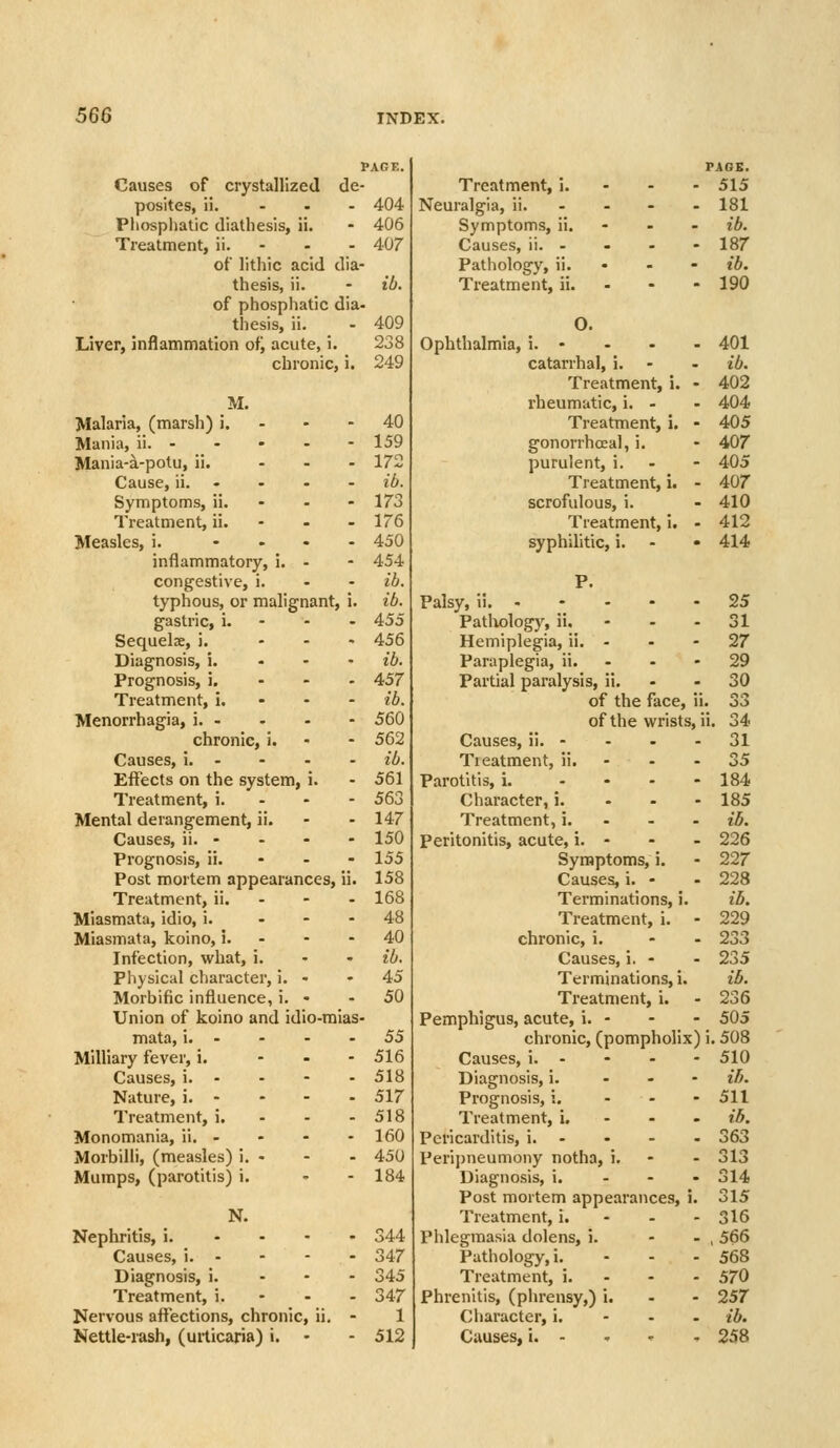 ] PAGE. ] PAOS. Causes of crystall zed de- Treatment, i. - - 515 posites, ii. . - 404 Neuralgia, ii. - - - 181 Pliosplialic diathesis ii. - 406 Symptoms, ii. ib. Treatment, ii. . - 407 Causes, ii. - 187 of lithic acid dia- Pathology, ii. ib. thesis, ii. - it). Treatment, ii. 190 of phosphatic dia- thesis. ii. - 409 0. Liver, inflammation of; acute, i. 238 Ophthalmia, i. • 401 chronic i. 249 catarrhal, i. - ib. Treatment, i. 402 M. rheumatic, i. - 404 Malaria, (marsh) i. - - 40 Treatment, i. 405 Mania, ii. - - - . - 159 gonorrhoea!, i. 407 Mania-a-potu, ii. - - 172 purulent, i. 405 Cause, ii. - . - ib. Treatment, i. 407 Symptoms, ii. . - 173 scrofulous, i. 410 Treatment, ii. . . 176 Treatment, i. 412 Measles, i. - - - - 450 syphilitic, i. - 414 inflammatory, i. - - 454 congestive, i. • - ib. P. typhous, or mali gnant i- ib. Palsy, ii. - - . • 25 gastric, i. - - 455 Pathology, ii. 31 Sequelae, i. - - 456 Hemiplegia, ii. - 27 Diagnosis, i. - • ib. Paraplegia, ii. 29 Prognosis, i. - - 457 Partial paralysis, ii. 30 Treatment, i. - - ib. of the face ii. 33 Menorrhagia, i. - - - 560 of the wrists, i . 34 chronic, i. - - 562 Causes, ii. - . 31 Causes, i. - . . ib. Tieatment, ii. . 35 Effects on the system, i. - 561 Parotitis, i. - . - - 184 Treatment, i. . - 563 Character, i. . - . 185 Mental derangement, ii. - - 147 Treatment, i. . - - ib. Causes, ii. - - - 150 Peritonitis, acute, i. - - 226 Prognosis, ii. - - 155 Symptoms, i. - 227 Post mortem appearances. ii. 158 Causes, i. - . 228 Treatment, ii. - . 168 Terminations, i ib. Miasmata, idio, i. - - 48 Treatment, i. . 229 Miasmata, koino, 5. - - 40 chronic, i. . 233 Infection, what, i. . . ib. Causes, i. - - 235 Physical character, i. . - 45 Terminations, i i5. Morbific influence, i . . 50 Treatment, i. . 236 Union of koino and idio-mias- Pemphigus, acute, i. - - 505 mata, i. - - 55 chronic, (pompholix) .508 Milliary fever, i. . 516 Causes, i. - 510 Causes, i. - - 518 Diagnosis, i. - - i5. Nature, i. - - 517 Prognosis, i. - - 511 Treatment, i. • 518 Treatment, i. - - ib. Monomania, ii. - • 160 Pericarditis, i. - 363 Morbilli, (measles) i. - - 450 Perlj)neumony notha, i. 313 Mumps, (parotitis) i. * 184 Diagnosis, i. - - Post mortem appearances. i. 314 315 N. Treatment, i. - - 316 Nephritis, i. - - - • 344 Phlegmasia dolens, i. .566 Causes, i. - - - 347 Pathology, i. - - 568 Diagnosis, i. - - 345 Treatment, i. - - 570 Treatment, i. • . 347 Phrenitis, (phrensy,) i. 257 Nervous affections, chron ic, ii. - 1 Character, i. - - ib. Nettle-rash, (urticaria) i. - - 512 Causes, i. - • - 258