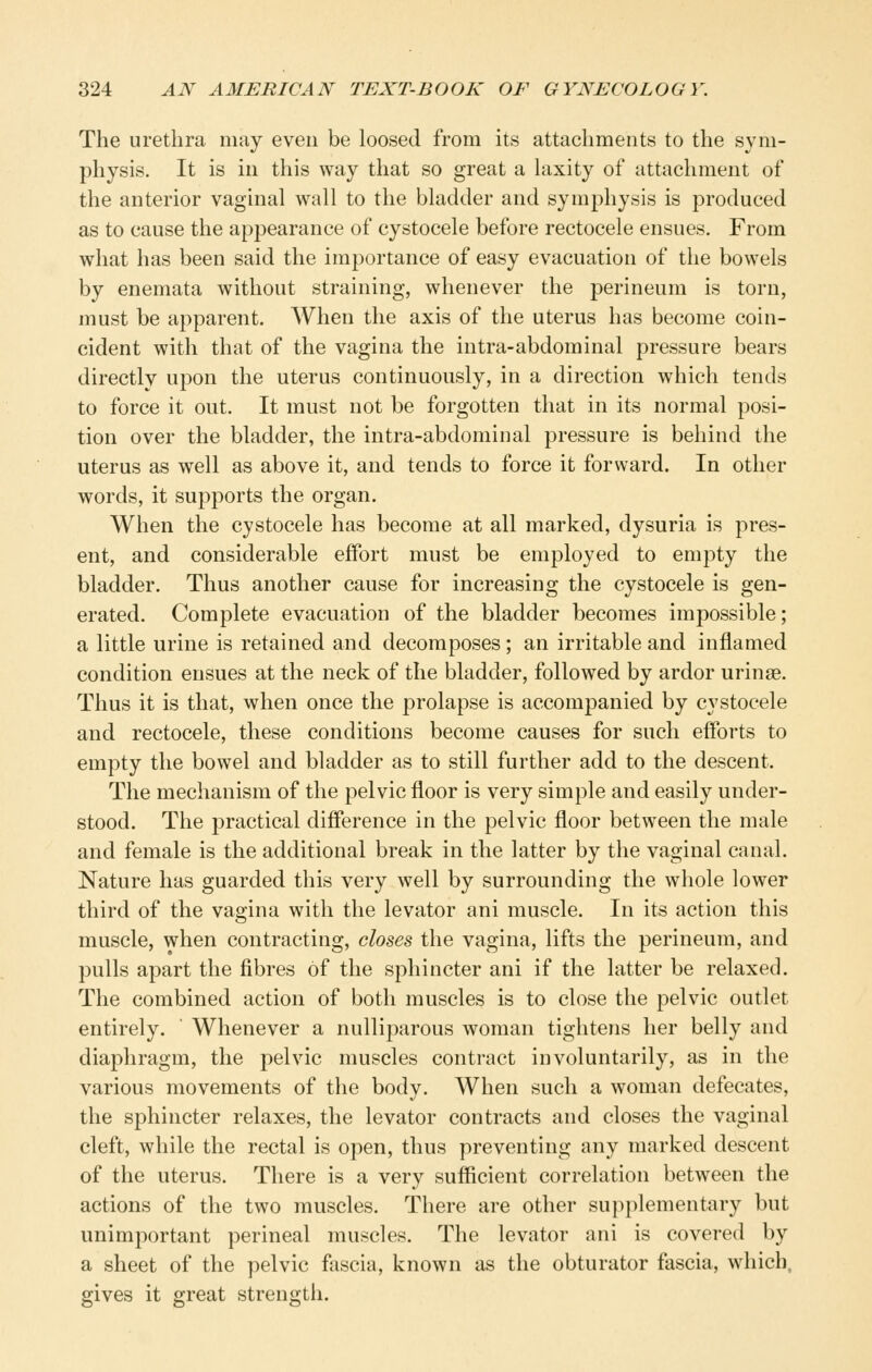 The urethra may even be loosed from its attachments to the sym- physis. It is in this way that so great a laxity of attachment of the anterior vaginal wall to the bladder and symphysis is produced as to cause the appearance of cystocele before rectocele ensues. From what has been said the importance of easy evacuation of the bowels by enemata without straining, whenever the perineum is torn, must be apparent. When the axis of the uterus has become coin- cident with that of the vagina the intra-abdominal pressure bears directly upon the uterus continuously, in a direction which tends to force it out. It must not be forgotten that in its normal posi- tion over the bladder, the intra-abdominal pressure is behind the uterus as well as above it, and tends to force it forward. In other words, it supports the organ. When the cystocele has become at all marked, dysuria is pres- ent, and considerable effort must be employed to empty the bladder. Thus another cause for increasing the cystocele is gen- erated. Complete evacuation of the bladder becomes impossible; a little urine is retained and decomposes; an irritable and inflamed condition ensues at the neck of the bladder, followed by ardor urinse. Thus it is that, when once the prolapse is accompanied by cystocele and rectocele, these conditions become causes for such efforts to empty the bowel and bladder as to still further add to the descent. The mechanism of the pelvic floor is very simple and easily under- stood. The practical difference in the pelvic floor between the male and female is the additional break in the latter by the vaginal canal. Nature has guarded this very well by surrounding the whole lower third of the vagina with the levator ani muscle. In its action this muscle, when contracting, closes the vagina, lifts the perineum, and pulls apart the fibres of the sphincter ani if the latter be relaxed. The combined action of both muscles is to close the pelvic outlet entirely. Whenever a nulliparous woman tightens her belly and diaphragm, the pelvic muscles contract involuntarily, as in the various movements of the body. When such a woman defecates, the sphincter relaxes, the levator contracts and closes the vaginal cleft, while the rectal is open, thus preventing any marked descent of the uterus. There is a very sufficient correlation between the actions of the two muscles. There are other supplementary but unimportant perineal muscles. The levator ani is covered by a sheet of the pelvic fascia, known as the obturator fascia, which, gives it great strength.