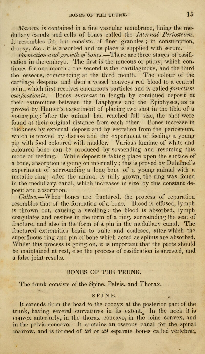 Marroio is contained in a fine vascular membrane, lining the me- dullary canals and cells of bones called the Internal Periosteum. It resembles fat, but consists of finer granules ; in consumption, dropsy, &c., it is absorbed and its place is supplied with serum. Formatiott and growth of bones.—There are three stages of ossifi- cation in the embryo. The first is the mucous or pulpy, which con- tinues for one month ; the second is the cartilaginous, and the third the osseous, commencing at the third month. The colour of the cartilage deepens and then a vessel conveys red blood to a centra! point, which first receives calcareous particles and is called punctuin ossijicationis. Bones increase in length by continued deposit at their extremities between the Diaphysis and the Epiphyses, as is proved by Hunter's experiment of placing two shot in the tibia of a young pig;'after the animal had reached full size, the shot were found at their original distance from each other. Bones increase in thickness by external deposit and by secretion from the periosteum, which is proved by disease and the experiment of feeding a young pig with food coloured with madder. Various laminte of white and coloured bone can be produced by suspending and resuming this mode of feeding. While deposit is taking place upon the surface of a bone, absorption is going on internally ; this is proved by Duhamel's experiment of surrounding a long bone of a young animal with a metallic ring; after the animal is fully grown, the ring was found in the medullary canal, which increases in size by this constant de- posit and absorption. Callus.—When bones are fractured, the process of reparation resembles that of the formation of a bone. Blood is effused, lymph is thrown out, causing a swelling; the blood is absorbed, lymph coagulates and ossifies in the form of a ring, surrounding the seat of fracture, and also in the form of a pin in the medullary canal. The fractured extremities begin to unite and coalesce, after which the superfluous ring and pin of bone which acted as splints are absorbed. Whilst this process is going on, it is important that the parts should be maintained at rest, else the process of ossification is arrested, and a false joint results. BONES OF THE TRUNK. The trunk consists of the Spine, Pelvis, and Thorax. SPINE. ^ It extends from the head to the coccyx at the posterior part of the trunk, having several curvatures in its extent. In the neck it is convex anteriorly, in the thorax concave, in the loins convex, and in the pelvis concave. It contains an osseous canal for the spinal marrow, and is formed of 28 or 29 separate bones called vertebrae,