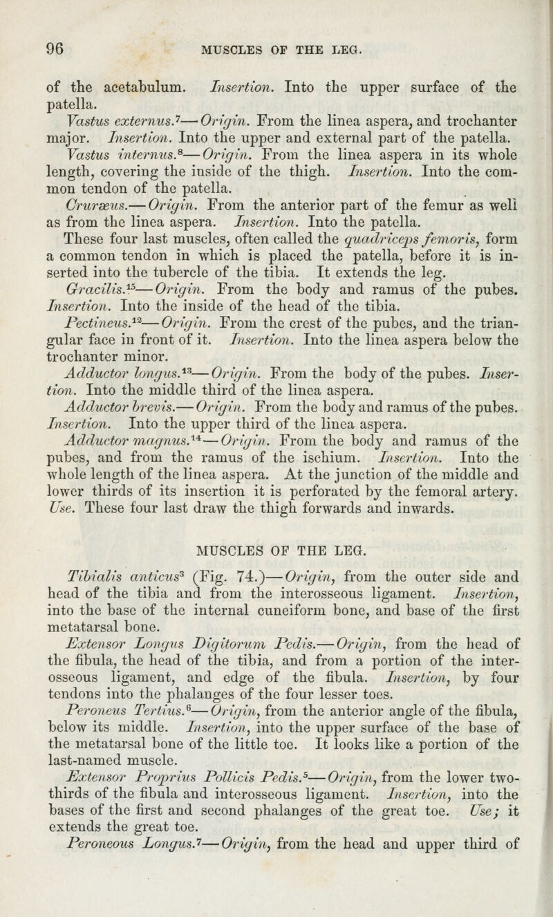 of the acetabulum. Insertion. Into the upper surface of the patella. Vastus extemus.1—Origin. From the linea aspera, and trochanter major. Insertion. Into the upper and external part of the patella. Vastus internus.8—Origin. From the linea aspera in its whole length, covering the inside of the thigh. Insertion. Into the com- mon tendon of the patella. Crurseus.— Origin. From the anterior part of the femur as well as from the linea aspera. Insertion. Into the patella. These four last muscles, often called the quadriceps femoris, form a common tendon in which is placed the patella, before it is in- serted into the tubercle of the tibia. It extends the leg. Gracilis.15—Origin. From the body and ramus of the pubes. Insertion. Into the inside of the head of the tibia. Pectineus.12—Origin. From the crest of the pubes, and the trian- gular face in front of it. Insertion. Into the linea aspera below the trochanter minor. Adductor longus.13—Origin. From the body of the pubes. Inser- tion. Into the middle third of the linea aspera. Adductor brevis.— Origin. From the body and ramus of the pubes. Insertion. Into the upper third of the linea aspera. Adductor ma gnus.14—Origin. From the body and ramus of the pubes, and from the ramus of the ischium. Insertion. Into the whole length of the linea aspera. At the junction of the middle and lower thirds of its insertion it is perforated by the femoral artery. Use. These four last draw the thigh forwards and inwards. MUSCLES OF THE LEG. Tibialis anticus3 (Fig. 74.)—Origin, from the outer side and head of the tibia and from the interosseous ligament. Insertion, into the base of the internal cuneiform bone, and base of the first metatarsal bone. Extensor Longus Digitorum Pedis.— Origin, from the head of the fibula, the head of the tibia, and from a portion of the inter- osseous ligament, and edge of the fibula. Insertion, by four tendons into the phalanges of the four lesser toes. Peroneus Tertius.6—Origin, from the anterior angle of the fibula, below its middle. Insertion, into the upper surface of the base of the metatarsal bone of the little toe. It looks like a portion of the last-named muscle. Extensor Proprius Pollicis Pedis.5—Origin, from the lower two- thirds of the fibula and interosseous ligament. Insertion, into the bases of the first and second phalanges of the great toe. Use; it extends the great toe. Peroneous Longus.7—Origin, from the head and upper third of