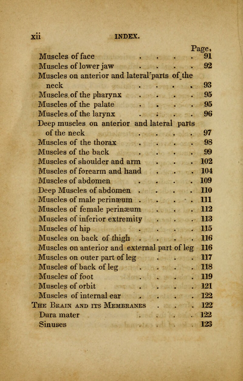 Page, Muscles of face . 91 Muscles of lower jaw .... 92 Muscles on anterior and lateralrparts of the neck . 93 Muscles of the pharynx .... 95 Muscles of the palate .... 95 Muscles of the larynx ; 96 Deep muscles on anterior and lateral parts of the neck .... 97 Muscles of the thorax .... 98 Muscles of the back .... 99 Muscles of shoulder and arm 102 Muscles of forearm and hand 104 Muscles of abdomen .... 109 Deep Muscles of abdomen .... 110 Muscles of male perinaeum . . . . 111 Muscles of female perinceum 112 Muscles of inferior extremity 113 Muscles of hip .... 115 Muscles on back of thigh .... 116 Muscles on anterior and external part of leg 116 Muscles on outer part of leg ... 117 Muscles of back of leg .... 118 Muscles of foot .... 119 Muscles of orbit .... 121 Muscles of internal ear .... 122 The Brain and its Membranes 122 Dura mater 122 Sinuses .... 123