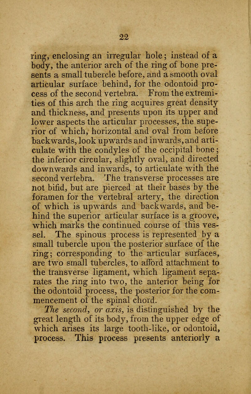 ring, enclosing an irregular hole; instead of a body, the anterior arch of the ring of bone pre- sents a small tubercle before, and a smooth oval articular surface behind, for the odontoid pro- cess of the second vertebra. From the extremi- ties of this arch the ring acquires great density and thickness, and presents upon its upper and lower aspects the articular processes, the supe- rior of which, horizontal and oval from before backwards, look upwards and inwards, and arti- culate with the condyles of the occipital bone; the inferior circular, slightly oval, and directed downwards and inwards, to articulate with the second vertebra. The transverse processes are not bifid, but are pierced at their bases by the foramen for the vertebral artery, the direction of which is upwards and backwards, and be- hind the superior articular surface is a groove, which marks the continued course of this ves- sel. The spinous process is represented by a small tubercle upon the posterior surface of the ring; corresponding to the articular surfaces, are two small tubercles, to afford attachment to the transverse ligament, which ligament sepa- rates the ring into two, the anterior being for the odontoid process, the posterior for the com- mencement of the spinal chord. The second, or axis, is distinguished by the great length of its body, from the upper edge of which arises its large tooth-like, or odontoid, process. This process presents anteriorly a