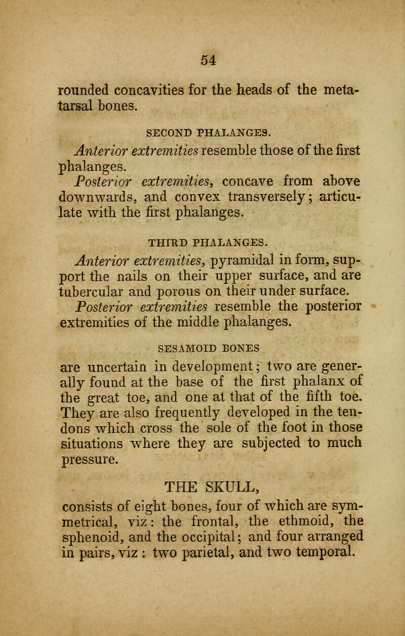 rounded concavities for the heads of the meta- tarsal bones. SECOND PHALANGES. Anterior extremities resemble those of the first phalanges. Posterior extremities, concave from above downwards, and convex transversely; articu- late with the first phalanges. THIRD PHALANGES. Anterior extremities, pyramidal in form, sup- port the nails on their upper surface, and are tubercular and porous on their under surface. Posterior extremities resemble the posterior extremities of the middle phalanges. SESAMOID BONES are uncertain in development; two are gener- ally found at the base of the first phalanx of the great toe, and one al that of the fifth toe. They are also frequently developed in the ten- dons which cross the sole of the foot in those situations where they are subjected to much pressure. THE SKULL, consists of eight bones, four of which are sym- metrical, viz: the frontal, the ethmoid, the sphenoid, and the occipital; and four arranged in pairs, viz : two parietal, and two temporal.