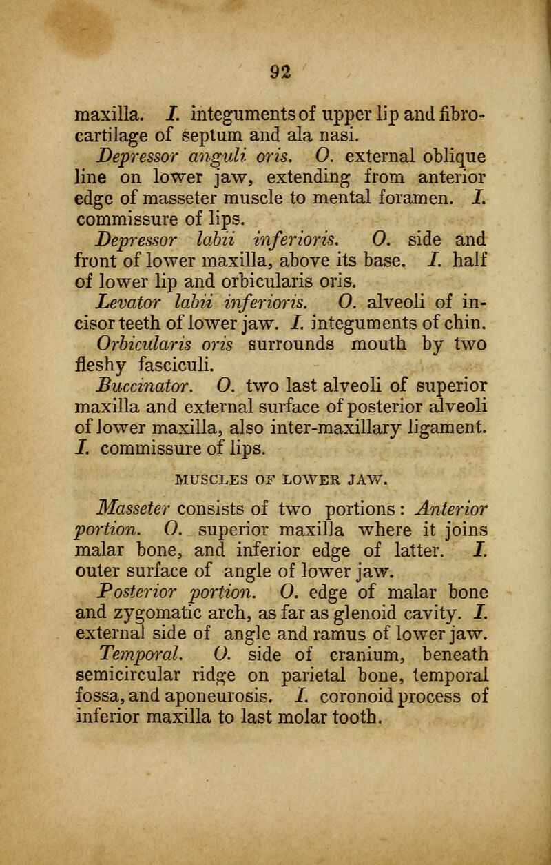 maxilla. I. integuments of upper lip and flbro- cartilage of septum and ala nasi. Depressor anguli oris. 0. external oblique line on lower jaw, extending from anterior edge of masseter muscle to mental foramen. I. commissure of lips. Depressor labii inferioris. O. side and front of lower maxilla, above its base. I. half of lower lip and orbicularis oris. Levator labii inferioris. O. alveoli of in- cisor teeth of lower jaw. I. integuments of chin. Orbicularis oris surrounds mouth by two fleshy fasciculi. Buccinator. O. two last alveoli of superior maxilla and external surface of posterior alveoli of lower maxilla, also inter-maxillary ligament. I. commissure of lips. MUSCLES OF LOWER JAW. Masseter consists of two portions : Anterior portion. 0. superior maxilla where it joins malar bone, and inferior edge of latter. I. outer surface of angle of lower jaw. Posterior portion. 0. edge of malar bone and zygomatic arch, as far as glenoid cavity. I. external side of angle and ramus of lower jaw. Temporal. 0. side of cranium, beneath semicircular ridge on parietal bone, temporal fossa, and aponeurosis. /. coronoid process of inferior maxilla to last molar tooth.