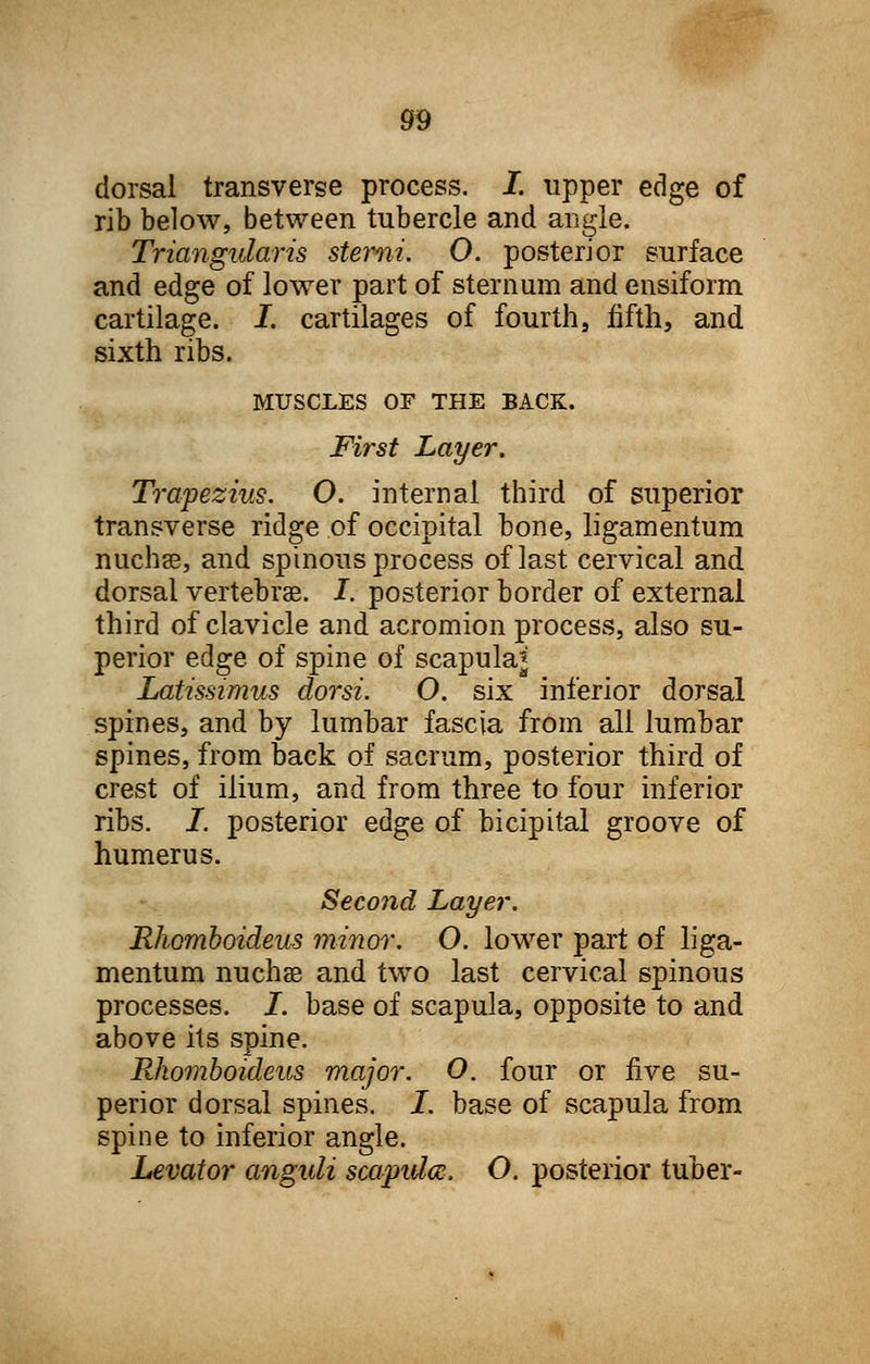 dorsal transverse process. I. upper edge of rib below, between tubercle and angle. Triangularis sterni. 0. posterior surface and edge of lower part of sternum and ensiform cartilage. I. cartilages of fourth, fifth, and sixth ribs. MUSCLES OF THE BACK. First Layer. Trapezius. O. internal third of superior transverse ridge of occipital bone, ligamentum nuchse, and spinous process of last cervical and dorsal vertebrae. I. posterior border of external third of clavicle and acromion process, also su- perior edge of spine of scapula* Latissimus dorsi. O. six inferior dorsal spines, and by lumbar fascia from all lumbar spines, from back of sacrum, posterior third of crest of ilium, and from three to four inferior ribs. I. posterior edge of bicipital groove of humerus. Second Layer. Rhomboideus minor. O. lower part of liga- mentum nuchse and two last cervical spinous processes. /. base of scapula, opposite to and above its spine. Rhomboideus major. O. four or five su- perior dorsal spines. I. base of scapula from spine to inferior angle. Levator anguli scapula, O. posterior tuber-