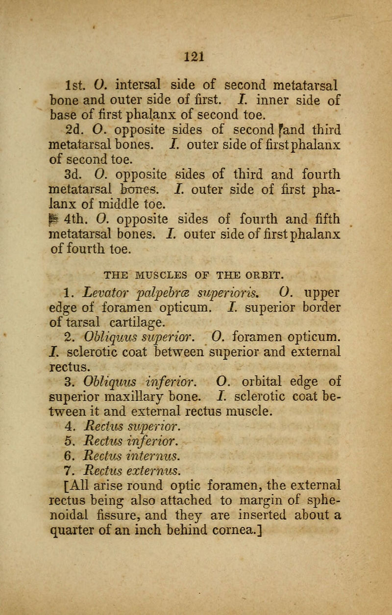 1st. O. intersal side of second metatarsal bone and outer side of first. I. inner side of base of first phalanx of second toe. 2d. O. opposite sides of second fand third metatarsal bones. I. outer side of first phalanx of second toe. 3d. 0. opposite sides of third and fourth metatarsal bones. I. outer side of first pha- lanx of middle toe. p 4th. 0. opposite sides of fourth and fifth metatarsal bones. I. outer side of first phalanx of fourth toe. THE MUSCLES OF THE ORBIT. 1. Levator palpebra superioris. O. upper edge of foramen opticum. I. superior border of tarsal cartilage. 2. Obliquus superior. 0. foramen opticum. I. sclerotic coat between superior and external rectus. 3. Obliquus inferior. O. orbital edge of superior maxillary bone. I. sclerotic coat be- tween it and external rectus muscle. 4. Rectus superior. 5. Rectus inferior. 6. Rectus internus. 7. Rectus externus. [All arise round optic foramen, the external rectus being also attached to margin of sphe- noidal fissure, and they are inserted about a quarter of an inch behind cornea.]