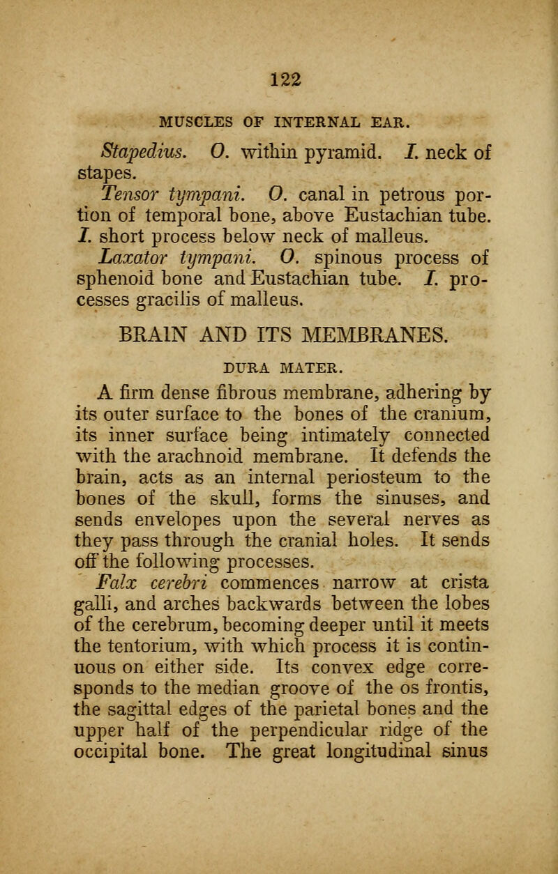 MUSCLES OF INTERNAL EAR. Stapedius. O. within pyramid. J. neck of stapes. Tensor tympani. O. canal in petrous por- tion of temporal bone, above Eustachian tube. I. short process below neck of malleus. Laxator tympani. O. spinous process of sphenoid bone and Eustachian tube. J. pro- cesses gracilis of malleus. BRAIN AND ITS MEMBRANES. DURA MATER. A firm dense fibrous membrane, adhering by its outer surface to the bones of the cranium, its inner surface being intimately connected with the arachnoid membrane. It defends the brain, acts as an internal periosteum to the bones of the skull, forms the sinuses, and sends envelopes upon the several nerves as they pass through the cranial holes. It sends off the following processes. Falx cerebri commences narrow at crista galli, and arches backwards between the lobes of the cerebrum, becoming deeper until it meets the tentorium, with which process it is contin- uous on either side. Its convex edge corre- sponds to the median groove of the os frontis, the sagittal edges of the parietal bones and the upper half of the perpendicular ridge of the occipital bone. The great longitudinal sinus