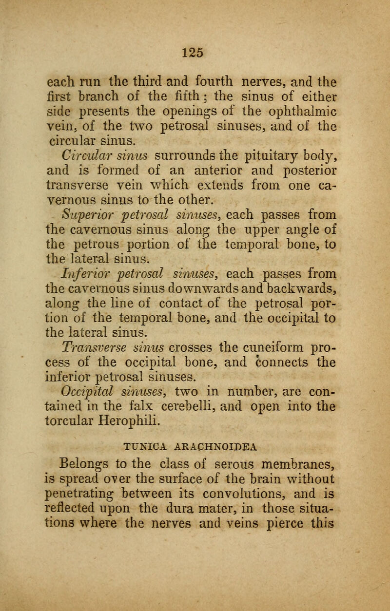 each run the third and fourth nerves, and the first branch of the fifth ; the sinus of either side presents the openings of the ophthalmic vein, of the two petrosal sinuses, and of the circular sinus. Circular sinus surrounds the pituitary body, and is formed of an anterior and posterior transverse vein which extends from one ca- vernous sinus to the other. Superior petrosal sinuses, each passes from the cavernous sinus along the upper angle of the petrous portion of the temporal bone, to the lateral sinus. Inferior petrosal sinuses, each passes from the cavernous sinus downwards and backwards, along the line of contact of the petrosal por- tion of the temporal bone, and the occipital to the lateral sinus. Transverse sinus crosses the cuneiform pro- cess of the occipital bone, and connects the inferior petrosal sinuses. Occipital sinuses, two in number, are con- tained in the falx cerebelli, and open into the torcular Herophili. TUNICA ARACHNOIDEA Belongs to the class of serous membranes, is spread o^er the surface of the brain without penetrating between its convolutions, and is reflected upon the dura mater, in those situa- tions where the nerves and veins pierce this