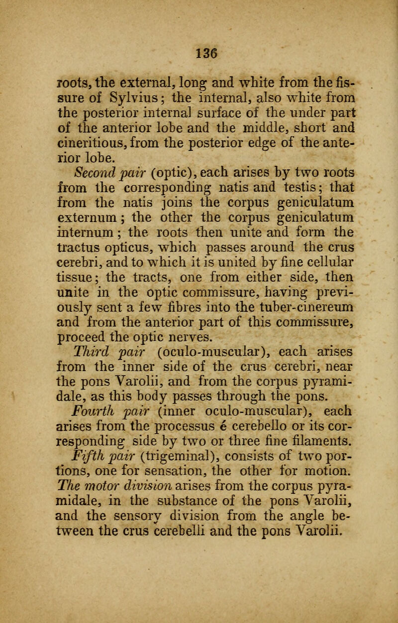 roots, the external, long and white from the fis- sure of Sylvius; the internal, also white from the posterior internal surface of the under part of the anterior lobe and the middle, short and cineritious, from the posterior edge of the ante- rior lobe. Second pair (optic), each arises by two roots from the corresponding natis and testis; that from the natis joins the corpus geniculatum externum; the other the corpus geniculatum internum; the roots then unite and form the tractus opticus, which passes around the cms cerebri, and to which it is united by fine cellular tissue; the tracts, one from either side, then unite in the optic commissure, having previ- ously sent a few fibres into the tuber-cinereum and from the anterior part of this commissure, proceed the optic nerves. Third pair (oculo-muscular), each arises from the inner side of the crus cerebri, near the pons Varolii, and from the corpus pyrami- dale, as this body passes through the pons. Fourth pair (inner oculo-muscular), each arises from the processus e cerebello or its cor- responding side by two or three fine filaments. Fifth pair (trigeminal), consists of two por- tions, one for sensation, the other for motion. The motor division arises from the corpus pyra- midale, in the substance of the pons Varolii, and the sensory division from the angle be- tween the crus cerebelli and the pons Varolii.