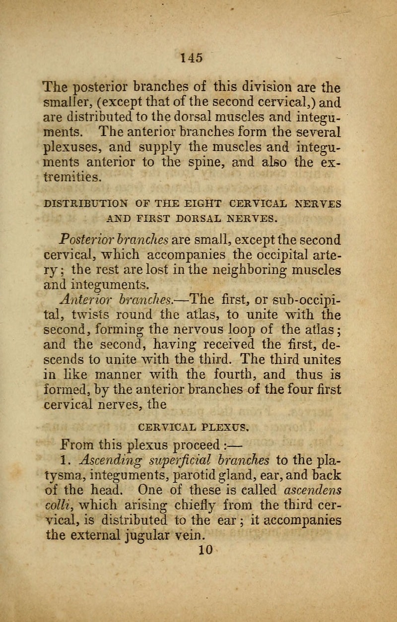 The posterior branches of this division are the smaller, (except that of the second cervical,) and are distributed to the dorsal muscles and integu- ments. The anterior branches form the several plexuses, and supply the muscles and integu- ments anterior to the spine, and also the ex- tremities. DISTRIBUTION OF THE EIGHT CERVICAL NERVES AND FIRST DORSAL NERVES. Posterior branches are small, except the second cervical, which accompanies the occipital arte- ry ; the rest are lost in the neighboring muscles and integuments. Anterior branches.—The first, or sub-occipi- tal, twists round the atlas, to unite with the second, forming the nervous loop of the atlas; and the second, having received the first, de- scends to unite with the third. The third unites in like manner with the fourth, and thus is formed, by the anterior branches of the four first cervical nerves, the CERVICAL PLEXUS. From this plexus proceed I— 1. Ascending superficial branches to the pla- tysma, integuments, parotid gland, ear, and back of the head. One of these is called ascendens colli, which arising chiefly from the third cer- vical, is distributed to the ear; it accompanies the external jugular vein. 10