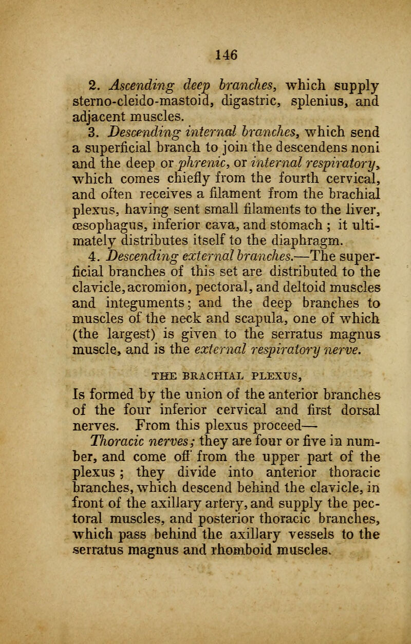 2. Ascending deep branches, which supply sterno-cleido-mastoid, digastric, splenhis, and adjacent muscles. 3. Descending internal branches, which send a superficial branch to join the descendens noni and the deep or phrenic, or internal respiratory, which comes chiefly from the fourth cervical, and often receives a filament from the brachial plexus, having sent small filaments to the liver, oesophagus, inferior cava, and stomach ; it ulti- mately distributes itself to the diaphragm. 4. Descending external branches.—The super- ficial branches of this set are distributed to the clavicle,acromion, pectoral, and deltoid muscles and integuments; and the deep branches to muscles of the neck and scapula, one of which (the largest) is given to the serratus magnus muscle, and is the external respiratory nerve. THE BRACHIAL PLEXUS, Is formed by the union of the anterior branches of the four inferior cervical and first dorsal nerves. From this plexus proceed— TJioracic nerves; they are four or five in num- ber, and come off' from the upper part of the plexus; they divide into anterior thoracic branches, which descend behind the clavicle, in front of the axillary artery, and supply the pec- toral muscles, and posterior thoracic branches, which pass behind the axillary vessels to the serratus magnus and rhomboid muscles.