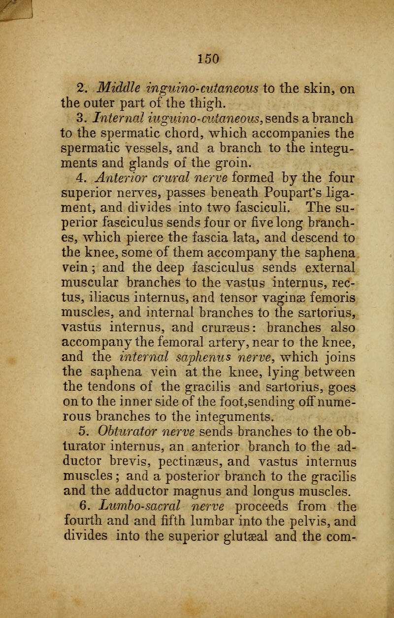 2. Middle inguino-cutaneous to the skin, on the outer part of the thigh. 3. Internal iuguino-cutaneous, sends ahranch to the spermatic chord, which accompanies the spermatic vessels, and a hranch to the integu- ments and glands of the groin. 4. Anterior crural nerve formed by the four superior nerves, passes beneath Pouparfs liga- ment, and divides into two fasciculi. The su- perior fasciculus sends four or five long branch- es, which pierce the fascia lata, and descend to the knee, some of them accompany the saphena vein; and the deep fasciculus sends external muscular branches to the vastus internus, rec- tus, iliacus internus, and tensor vaginae femoris muscles, and internal branches to the sartorius, vastus internus, and cruraBus: branches also accompany the femoral artery, near to the knee, and the internal saphenus nerve, which joins the saphena vein at the knee, lying between the tendons of the gracilis and sartorius, goes on to the inner side of the foot,sending off nume- rous branches to the integuments. 5. Obturator nerve sends branches to the ob- turator internus, an anterior branch to the ad- ductor brevis, pectineeus, and vastus internus muscles ; and a posterior branch to the gracilis and the adductor magnus and longus muscles. 6. Lumbosacral nerve proceeds from the fourth and and fifth lumbar into the pelvis, and divides into the superior glutaeal and the com-