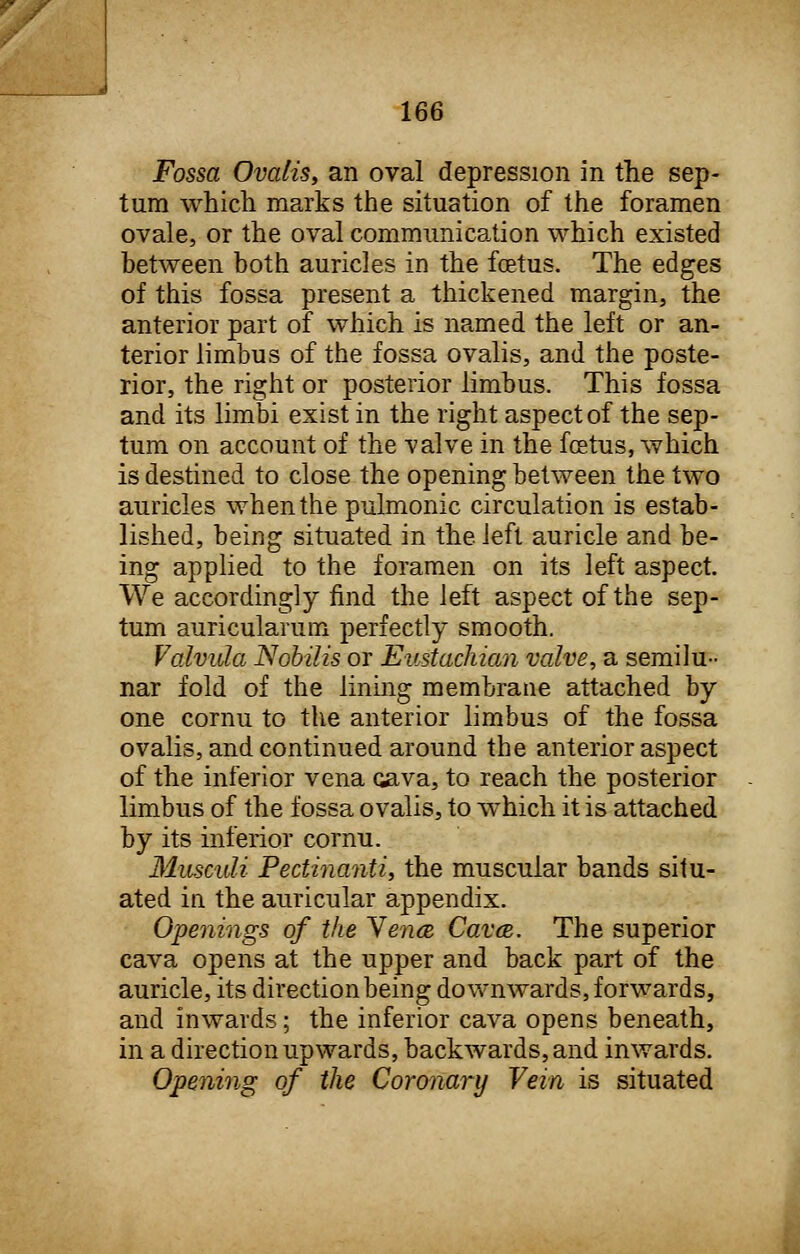 Fossa Ovalis, an oval depression in the sep- tum which marks the situation of the foramen ovale, or the oval communication which existed between both auricles in the foetus. The edges of this fossa present a thickened margin, the anterior part of which is named the left or an- terior limbus of the fossa ovalis, and the poste- rior, the right or posterior limbus. This fossa and its limbi exist in the right aspect of the sep- tum on account of the valve in the fcetus, which is destined to close the opening between the two auricles when the pulmonic circulation is estab- lished, being situated in the left auricle and be- ing applied to the foramen on its left aspect. We accordingly find the left aspect of the sep- tum auricularum perfectly smooth. Valvula Nobilis or Eustachian valve, a semilu- nar fold of the lining membrane attached by one cornu to the anterior limbus of the fossa ovalis, and continued around the anterior aspect of the inferior vena cava, to reach the posterior limbus of the fossa ovalis, to which it is attached by its inferior cornu. Musculi Pectinanti, the muscular bands situ- ated in the auricular appendix. Openings of the Yen& Cava. The superior cava opens at the upper and back part of the auricle, its direction being downwards, forwards, and inwards; the inferior cava opens beneath, in a direction upwards, backwards, and inwards. Opening of the Coronary Vein is situated t