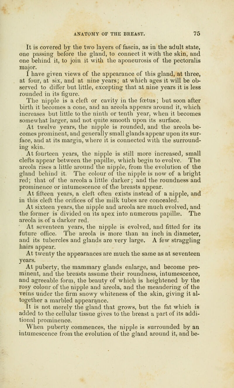 It is covered by the two layers of fascia, as in the adult state, one passing before the gland, to connect it with the skin, and one behind it, to join it with the aponeurosis of the pectoralis major. I have given views of the appearance of this gland, at three, at four, at six, and at nine years; at which ages it will be ob- served to differ but little, excepting that at nine years it is less rounded in its figure. The nipple is a cleft or cavity in the foetus; but soon after birth it becomes a cone, and an areola appears around it, which increases but little to the ninth or tenth year, when it becomes somewhat larger, and not quite smooth upon its surface. At twelve years, the nipple is rounded, and the areola be- comes prominent, and generally small glands appear upon its sur- face, and at its margin, where it is connected with the surround- ing skin. At fourteen years, the nipple is still more increased, small clefts appear between the papillae, which begin to evolve. The areola rises a little around the nipple, from the evolution of the gland behind it. The colour of the nipple is now of a bright red; that of the areola a little darker; and the roundness and prominence or intumescence of the breasts appear. At fifteen years, a cleft often exists instead of a nipple, and in this cleft the orifices of the milk tubes are concealed. At sixteen years, the nipple and areola are much evolved, and the former is divided on its apex into numerous papillae. The areola is of a darker red. At seventeen years, the nipple is evolved, and fitted for its future office. The areola is more than an inch in diameter, and its tubercles and glands are very large. A few straggling hairs appear. At twenty the appearances are much the same as at seventeen years. At puberty, the mammary glands enlarge, and become pro- minent, and the breasts assume their roundness, intumescence, and agreeable form, the beauty of which is heightened by the rosy colour of the nipple and areola, and the meandering of the veins under the firm snowy whiteness of the skin, giving it al- together a marbled appearance. It is not merely the gland that grows, but the fat which is added to the cellular tissue gives to the breast a part of its addi- tional prominence. When puberty commences, the nipple is surrounded by an intumescence from the evolution of the gland around it, and be-