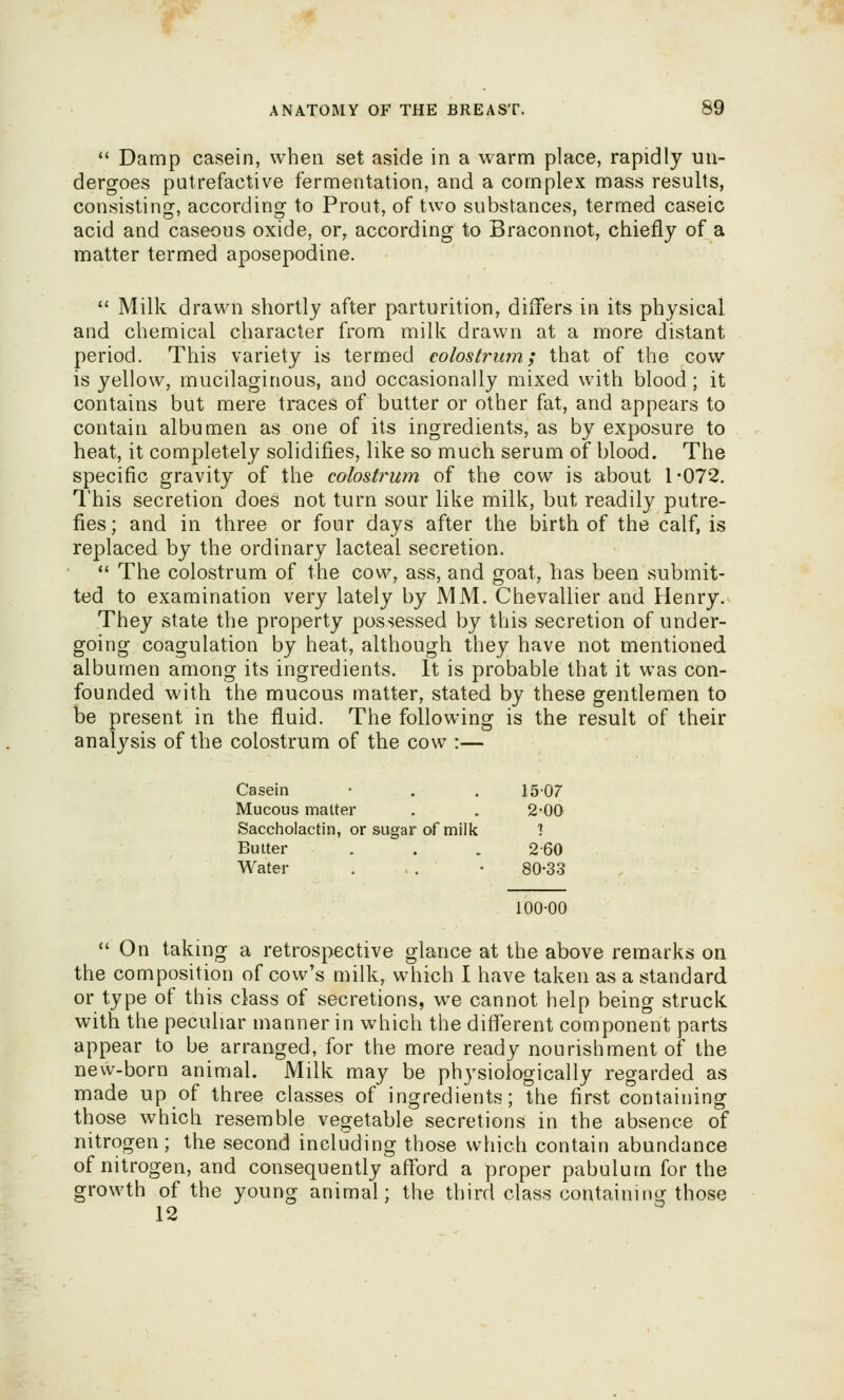  Damp casein, when set aside in a warm place, rapidly un- dergoes putrefactive fermentation, and a complex mass results, consisting, according to Prout, of two substances, termed caseic acid and caseous oxide, or, according to Braconnot, chiefly of a matter termed aposepodine.  Milk drawn shortly after parturition, differs in its physical and chemical character from milk drawn at a more distant period. This variety is termed colostrum; that of the cow is yellow, mucilaginous, and occasionally mixed with blood; it contains but mere traces of butter or other fat, and appears to contain albumen as one of its ingredients, as by exposure to heat, it completely solidifies, like so much serum of blood. The specific gravity of the colostrum of the cow is about 1-072. I'his secretion does not turn sour like milk, but readily putre- fies; and in three or four days after the birth of the calf, is replaced by the ordinary lacteal secretion. *' The colostrum of the cow, ass, and goat, has been submit- ted to examination very lately by MM. Chevallier and Henry. They state the property possessed by this secretion of under- going coagulation by heat, although they have not mentioned albumen among its ingredients. It is probable that it was con- founded with the mucous matter, stated by these gentlemen to be present in the fluid. The following is the result of their analysis of the colostrum of the cow :— Casein 15 07 Mucous matter 2-00 Saccholactin, or sugar of milk 1 Butter 2-60 Water 80-3.3 100-00  On taking a retrospective glance at the above remarks on the composition of cow's milk, which I have taken as a standard or type of this class of secretions, we cannot help being struck with the peculiar manner in which the different component parts appear to be arranged, for the more ready nourishment of the new-born animal. Milk may be physiologically regarded as made up of three classes of ingredients; the first containing those which resemble vegetable secretions in the absence of nitrogen; the second including those which contain abundance of nitrogen, and consequently afford a proper pabulum for the growth of the young animal; the third class containing those 12