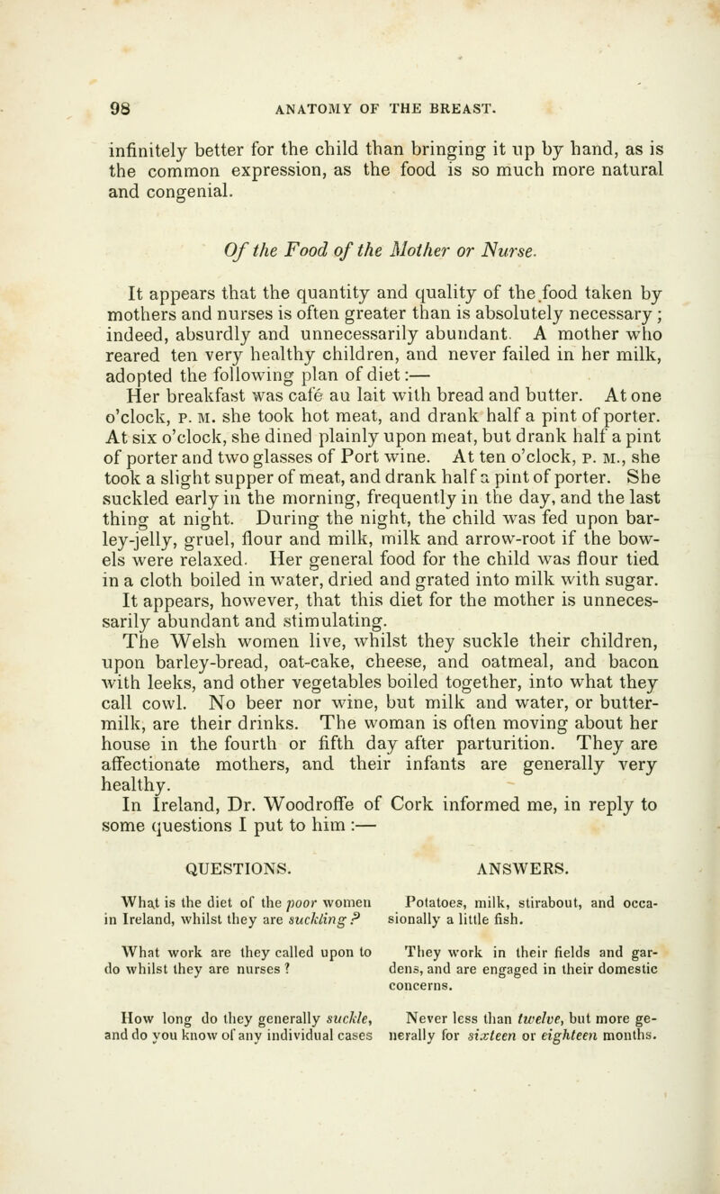 infinitely better for the child than bringing it up bj hand, as is the common expression, as the food is so much more natural and congenial. Of the Food of the Moihe?^ or Nurse. It appears that the quantity and quality of the food taken by mothers and nurses is often greater than is absolutely necessary; indeed, absurdly and unnecessarily abundant. A mother who reared ten very healthy children, and never failed in her milk, adopted the foUow^ing plan of diet:— Her breakfast was cafe au lait with bread and butter. At one o'clock, p. M. she took hot meat, and drank half a pint of porter. At six o'clock, she dined plainly upon meat, but drank half a pint of porter and two glasses of Port wine. At ten o'clock, p. m., she took a slight supper of meat, and drank half a pint of porter. She suckled early in the morning, frequently in the day, and the last thing at night. During the night, the child was fed upon bar- ley-jelly, gruel, flour and milk, milk and arrow-root if the bow- els were relaxed. Her general food for the child was flour tied in a cloth boiled in water, dried and grated into milk with sugar. It appears, however, that this diet for the mother is unneces- sarily abundant and stimulating. The Welsh women live, whilst they suckle their children, upon barley-bread, oat-cake, cheese, and oatmeal, and bacon with leeks, and other vegetables boiled together, into what they call cowl. No beer nor wine, but milk and water, or butter- milk, are their drinks. The woman is often moving about her house in the fourth or fifth day after parturition. They are affectionate mothers, and their infants are generally very healthy. In Ireland, Dr. Woodroffe of Cork informed me, in reply to some questions I put to him :— QUESTIONS. ANSWERS. What is the diet of the poor women Potatoes, milk, stirabout, and occa- in Ireland, whilst they are suckling P sionally a little fish. What work are they called upon to They work in their fields and gar- do whilst they are nurses ? dens, and are engaged in their domestic concerns. How long do they generally suckle, Never less than twelve, but more ge- and do you know of any individual cases nerally for sixteen or eighteen months.