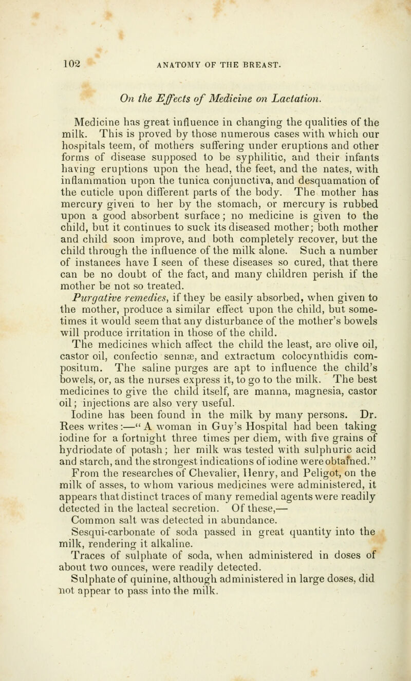 On the Effects of Medicine on Lactation. Medicine has great influence in changing the qualities of the milk. This is proved by those numerous cases with which our hospitals teem, of mothers suffering under eruptions and other forms of disease supposed to be syphilitic, and their infants having eruptions upon the head, the feet, and the nates, with inflammation upon the tunica conjunctiva, and desquamation of the cuticle upon different parts of the body. The mother has mercury given to her by the stomach, or mercury is rubbed, upon a good absorbent surface; no medicine is given to the child, but it continues to suck its diseased mother; both mother and child soon improve, and both completely recover, but the child through the influence of the milk alone. Such a number of instances have I seen of these diseases so cured, that there can be no doubt of the fact, and many children perish if the mother be not so treated. Purgative remedies, if they be easily absorbed, when given to the mother, produce a similar eff'ect upon the child, but some- times it would seem that any disturbance of the mother's bowels will produce irritation in those of the child. The medicines which affect the child the least, are olive oil, castor oil, confectio sennoe, and extractum colocynthidis com- positum. The saline purges are apt to influence the child's bowels, or, as the nurses express it, to go to the milk. The best medicines to give the child itself, are manna, magnesia, castor oil; injections are also very useful. Iodine has been found in the milk by many persons. Dr. Rees writes:— A woman in Guy's Hospital had been taking iodine for a fortnight three times per diem, with five grains of hydriodate of potash; her milk was tested with sulphuric acid and starch, and the strongest indications of iodine wereobtafned. From the researches of Chevalier, Henry, and Peligot, on the milk of asses, to whom various medicines were administered, it appears that distinct traces of many remedial agents were readily detected in the lacteal secretion. Of these,— Common salt was detected in abundance. Sesqui-carbonate of soda passed in great quantity into the milk, rendering it alkaline. Traces of sulphate of soda, when administered in doses of about two ounces, were readily detected. Sulphate of quinine, although administered in large doses, did not appear to pass into the milk.