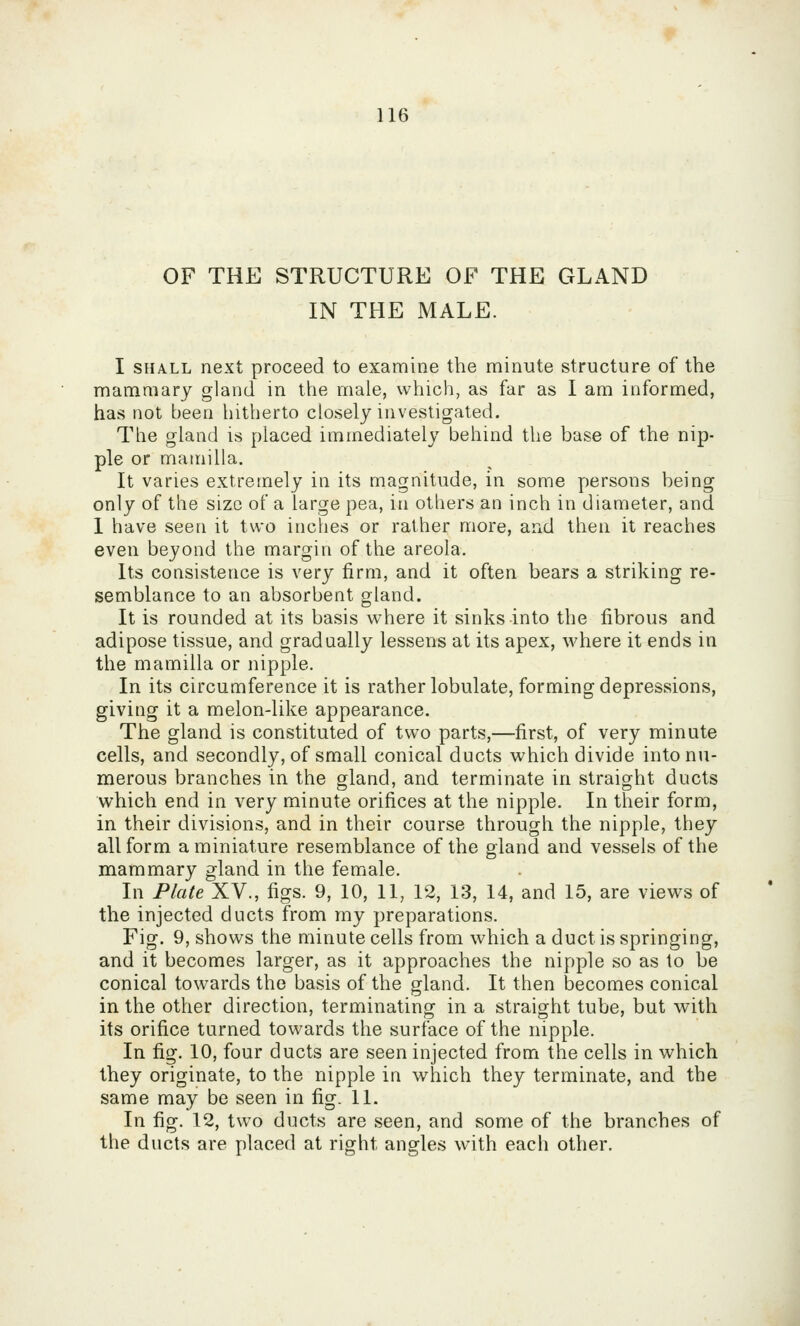 OF THE STRUCTURE OF THE GLAND IN THE MALE. I SHALL next proceed to examine the minute structure of the mammary gland in the male, which, as far as I am informed, has not been hitherto closely investigated. The gland is placed immediately behind the base of the nip- ple or mamilla. It varies extremely in its magnitude, in some persons being only of the size of a large pea, in others an inch in diameter, and 1 have seen it two inches or rather more, and then it reaches even beyond the margin of the areola. Its consistence is very firm, and it often bears a striking re- semblance to an absorbent gland. It is rounded at its basis where it sinks into the fibrous and adipose tissue, and gradually lessens at its apex, where it ends in the mamilla or nipple. In its circumference it is rather lobulate, forming depressions, giving it a melon-like appearance. The gland is constituted of two parts,—first, of very minute cells, and secondly, of small conical ducts which divide into nu- merous branches in the gland, and terminate in straight ducts which end in very minute orifices at the nipple. In their form, in their divisions, and in their course through the nipple, they aliform a miniature resemblance of the gland and vessels of the mammary gland in the female. In Plate XV., figs. 9, 10, 11, 12, 13, 14, and 15, are views of the injected ducts from my preparations. Fig. 9, shows the minute cells from which a duct is springing, and it becomes larger, as it approaches the nipple so as to be conical towards the basis of the gland. It then becomes conical in the other direction, terminating in a straight tube, but with its orifice turned towards the surface of the nipple. In fig. 10, four ducts are seen injected from the cells in which they originate, to the nipple in which they terminate, and the same may be seen in fig. 11. In fig. 12, two ducts are seen, and some of the branches of the ducts are placed at right angles with each other.