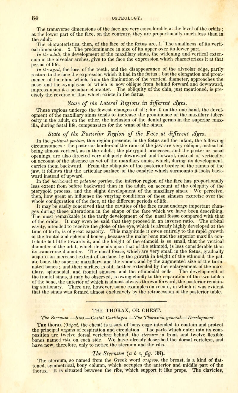 The transverse dimensions of the face are very considerable at the level of the orbits ; at the lovi'er part of the face, on the contrary, they are proportionally much less than in the adult. The characteristics, then, of the face of the foetus are, 1. The smallness of its verti- cal dimension. 2. The predominance in size of its upper over its lower part. In the adult, the development of the maxillary sinus, the widening and vertical exten- sion of the alveolar arches, give to the face the expression which characterizes it at that period of hfe. In the aged, the loss of the teeth, and the disappearance of the alveolar edge, partly restore to the face the expression which it had in the foetus ; but the elongation and prom- inence of the chin, which, from the diminution of the vertical diameter, approaches the nose, and the symphysis of which is now oblique from behind forward and downward, impress upon it a peculiar character. The obliquity of the chin, just mentioned, is pre- cisely the reverse of that which exists in the foetus. State of the Lateral Regions in different Ages. These regions undergo the fewest changes of all; for if, on the one hand, the devel- opment of the maxillary sinus tends to increase the prominence of the maxillary tuber- osity in the adult, on the other, the inclusion of the dental germs in the superior max- illa, during foetal life, compensates for the want of the sinus. State of the Posterior Region of the Face at different Ages. In the guttural portion, this region presents, in the foetus and the infant, the followmg circumstances : the posterior borders of the rami of the jaw are very oblique, instead of being almost vertical, as in the adult; the pterygoid processes, and the posterior nasal openings, are also directed very obliquely downward and forward, instead of vertically, on account of the absence as yet of the maxillary sinus, which, during its development, carries them backward. From the obliquity of the posterior border of the ramus of the jaw, it follows that the articular surface of the condyle which surmounts it looks back- ward instead of upward. In the horizontal or palatine portion, the inferior region of the face has proportionally less extent from before backward than in the adult, on account of the obliquity of the pterygoid process, and the slight development of the maxillary sinus. We perceive, then, how great an influenee the varying conditions of these sinuses exercise over the whole configuration of the face, at the different periods of life. It may be easily conceived that the cavities of the face must undergo important chan- ges during these alterations in the shape of the face which we have been describing. The most remarkable is the tardy development of the nasal fossae compared with that of the orbits. It may even be said that they proceed in an inverse ratio. The orbital cavity, intended to receive the globe of the eye, which is already highly developed at the time of birth, is of great capacity. This magnitude it owes entirely to the rapid growth of the frontal and sphenoid bones ; because the malar bone and the superior maxilla con- tribute but little towards it, and the height of the ethmoid is so small, that the vertical diameter of the orbit, which depends upon that of the ethmoid, is less considerable than its transverse diameter. The nasal fossae, which are very small in the foetus, gradually acquire an increased extent of surface, by the growth in height of the ethmoid, the pal- ate bone, the superior maxillary, and the vomer, and by the augmented size of the turbi- nated bones ; and their surface is still farther extended by the enlargement of the max- illary, sphenoidal, and frontal sinuses, and the ethmoidal cells. The development of the frontal sinus, it may be observed, is owing chiefly to the separation of the two tables of the bone, the anterior of which is almost always thrown forward, the posterior remain- ing stationary. There are, however, some examples on record, in which it was evident that the sinus was formed almost exclusively by the retrocession of the posterior table. THE THORAX, OR CHEST. The Sternum.—Ribs.—Costal Cartilages.—The Thorax in general.—Development. The thorax {dupa^, the chest) is a sort of bony cage intended to contain and protect the principal organs of respiration and circulation. The parts which enter into its com- position are twelve dorsal vertebrae behind, the sternum in front, and twelve flexible bones named ribs, on each side. We have already described the dorsal vertebrae, and have now, therefore, only to notice the sternum and the ribs. The Sternum {a b c, fig. 38). The sternum, so named from the Greek word arepvov, the breast, is a kind of flat- tened, symmetrical, bony column, which occupies the anterior and middle part of the thorax. It is situated between the ribs, which support it like props. The clavicles,