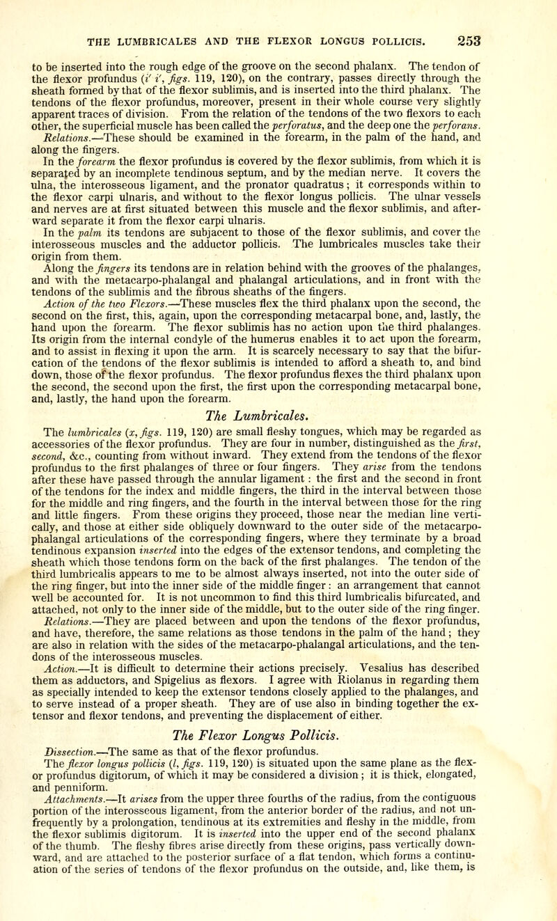 to be inserted into the rough edge of the groove on the second phalanx. The tendon of the flexor profundus {i' i', figs. 119, 120), on the contrary, passes directly through the Bheath formed by that of the flexor sublimis, and is inserted into the third phalanx. The tendons of the flexor profundus, moreover, present in their whole course very slightly apparent traces of division. From the relation of the tendons of the two flexors to each other, the superficial muscle has been called the perforatus, and the deep one the perforans. Relations.—These should be examined in the forearm, in the palm of the hand, and along the fingers. In the forearm the flexor profundus is covered by the flexor sublimis, from which it is separated by an incomplete tendinous septum, and by the median nerve. It covers the ulna, the interosseous ligament, and the pronator quadratus; it corresponds within to the flexor carpi ulnaris, and without to the flexor longus poUicis. The ulnar vessels and nerves are at first situated between this muscle and the flexor subhmis, and after- ward separate it from the flexor carpi ulnaris. In the pahn its tendons are subjacent to those of the flexor sublimis, and cover the interosseous muscles and the adductor poUicis. The lumbricales muscles take their origin from them. Along the fingers its tendons are in relation behind with the grooves of the phalanges, and with the metacarpo-phalangal and phalangal articulations, and in front with the tendons of the subhmis and the fibrous sheaths of the fingers. Action of the two Flexors.—These muscles flex the third phalanx upon the second, the second on the first, this, again, upon the corresponding metacarpal bone, and, lastly, the hand upon the forearm. The flexor subhmis has no action upon the third phalanges. Its origin from the internal condyle of the humerus enables it to act upon the forearm, and to assist in flexing it upon the arm. It is scarcely necessary to say that the bifur- cation of the tendons of the flexor sublimis is intended to afford a sheath to, and bind down, those of the flexor profundus. The flexor profundus flexes the third phalanx upon the second, the second upon the first, the first upon the corresponding metacarpal bone, and, lastly, the hand upon the forearm. The Lumbricales. The lumbricales {x,figs. 119, 120) are small fleshy tongues, which may be regarded as accessories of the flexor profundus. They are four in number, distinguished as the_^rs^ second, &c., counting from without inward. They extend from the tendons of the flexor profundus to the first phalanges of three or four fingers. They arise from the tendons after these have passed through the annular ligament : the first and the second in front of the tendons for the index and middle fingers, the third in the interval between those for the middle and ring fingers, and the fourth in the interval between those for the ring and little fingers. From these origins they proceed, those near the median line verti- cally, and those at either side obliquely downward to the outer side of the metacarpo- phalangal articulations of the corresponding fingers, where they terminate by a broad tendinous expansion inserted into the edges of the extensor tendons, and completing the sheath which those tendons form on the back of the first phalanges. The tendon of the third lumbricalis appears to me to be almost always inserted, not into the outer side of the ring finger, but into the inner side of the middle finger : an arrangement that cannot well be accounted for. It is not unconunon to find this third lumbricalis bifurcated, and attached, not only to the inner side of the middle, but to the outer side of the ring finger. Relations.—They are placed between and upon the tendons of the flexor profundus, and have, therefore, the same relations as those tendons in the palm of the hand ; they are also in relation with the sides of the metacarpo-phalangal articulations, and the ten- dons of the interosseous muscles. Action.—It is difiicult to determine their actions precisely. Vesalius has described them as adductors, and Spigelius as flexors. I agree with Riolanus in regarding them as specially intended to keep the extensor tendons closely applied to the phalanges, and to serve instead of a proper sheath. They are of use also in binding together the ex- tensor and flexor tendons, and preventing the displacement of either. The Flexor Longus PoUicis. Dissection.—The same as that of the flexor profundus. The flexor longus poUicis {I, figs. 119, 120) is situated upon the same plane as the flex- or profundus digitorum, of which it may be considered a division ; it is thick, elongated, and penniform. Attachments.—It arises from the upper three fourths of the radius, from the contiguous portion of the interosseous ligament, from the anterior border of the radius, and not un- frequently by a prolongation, tendinous at its extremities and fleshy in the middle, from the flexor subhmis digitorum. It is inserted into the upper end of the second phalanx of the thumb. The fleshy fibres arise directly from these origins, pass vertically down- ward, and are attached to the posterior surface of a flat tendon, which forms a continu- ation of the series of tendons of the flexor profundus on the outside, and, like them, is