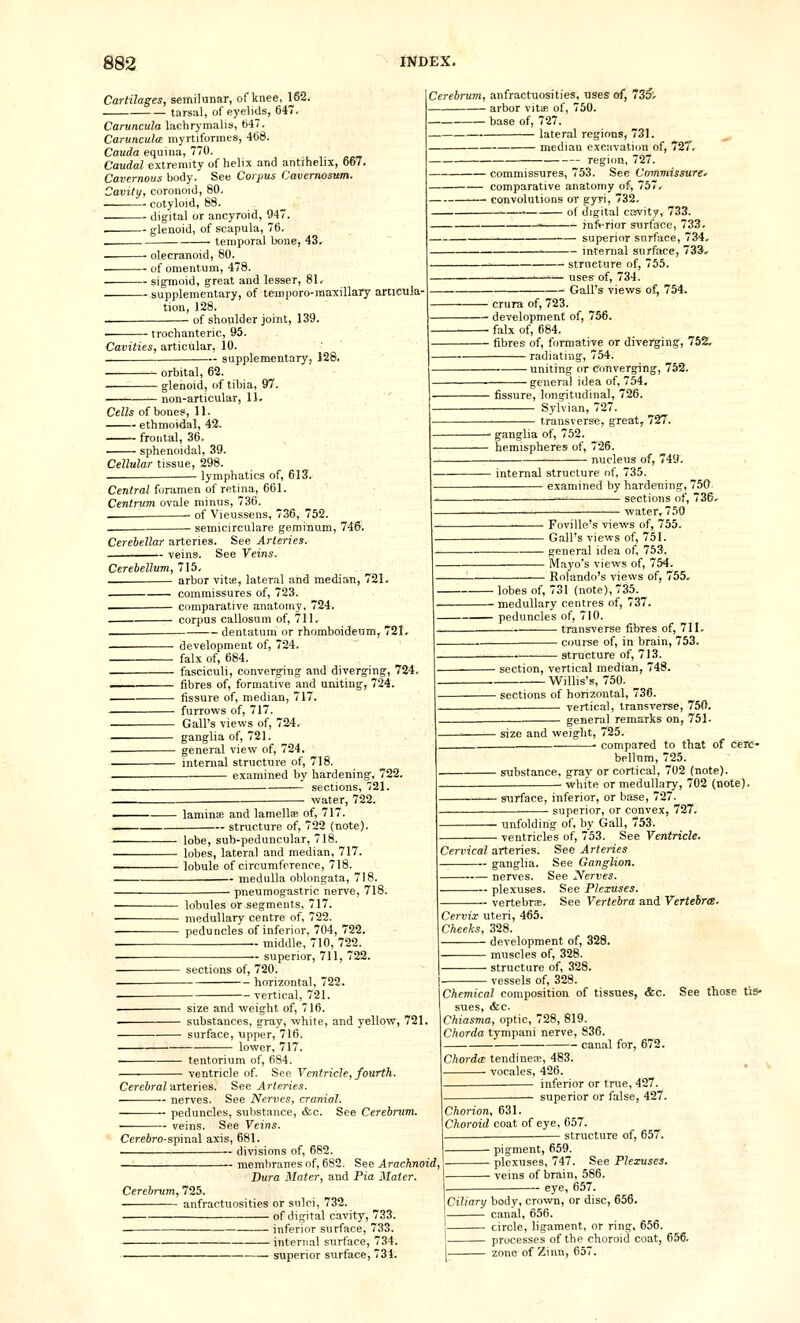 Cartilages, semilunar, of knee, 1^62. tarsal, of eyelids, 647. Caruncula lachrymalis, 647, CarunculcE myrtiformes, 468. Cauda equina, 770. Caudal extremity of helix and antihelis, 667. Cavernous body. See Corpus Cavernosum. Cavity, coronoid, 80. cotyloid, 88. digital or ancyroid, 947. glenoid, of scapula, 76. temporal bone, 43. — olecranoid, 80. — of omentum, 478. — sigmoid, great and lesser, 81- -- supplementary, of temporo-maxillary articula- tion, 128. of shoulder joint, 139. — trochanteric, 95. Cerebrum, anfractuosities, uses of, 735l arbor vitie of, 750. base of, 727. lateral regions, 731. median excavation of, 727. commissures, 753. See Commissure- comparative anatomy of, 757, convolutions or gyri, 732. ' ' of digital cavity, 733. ■ inft-rioT surface, 733. superior surface, 734, ■■ internal surface, 733. ' structure of, 755. Cavities, articular, 10. supplementary, 128. orbital, 62. glenoid, of tibia, 97. non-articular, 11. Cells of bone?, 11. ethmoidal, 42. - frontal, 36. sphenoidal, 39. Cellular tissue, 298. lymphatics of, 613. Central foramen of retina, 661. Centrum ovale minus, 736. of Vieussens, 736, 752. semicirculare geminum, 746. Cerebellar arteries. See Arteries. veins. See Veins. Cerebellum, 715, . arbor vitie, lateral and median, 721. commissures of, 723. . comparative anatomy. 724. corpus callosum of, 711. _ dentatum or rhomboideum, 721. development of, 724. falx of, 684. fasciculi, converging and diverging, 724. fibres of, formative and uniting, 724. fissure of, median, 717. furrows of, 717. Gall's views of, 724. ganglia of, 721. general view of, 724, internal structure of, 718. examined by hardening, 722. sections, 721. water, 722. . laminte and lamellas of, 717. uses of, 734. Gall's views of, 754. — crura of, 723. — development of, 756. — falx of, 684. — fibres of, formati-ve or diverging, 752. radiating, 754. uniting or converging, 752. - general idea of, 754. ■ fissure, longitudinal, 726. Sylvian, 727. transverse, great, 727. • ganglia of, 752. hemispheres of, 726. • nucleus of, 749. internal structure of, 735. examined by hardening, 750 sections of, 736. •water, 750 Foville's views of, 755. Gall's views of, 751. general idea of, 753. Mayo's views of, 754. Rolando's views of, 755. 1 (note), 735. • lobes of, ■ medullary centres of, 737. peduncles of, 710. transverse fibres of, 711. course of, in brain, 753. structure of, 713. ■ structure of, 722 (note). lobe, sub-peduncular, 718. lobes, lateral and median, 717. lobule of circumference, 718. medulla oblongata, 718. pneumogastric nerve, 718. lobules or segments, 717. • medullary centre of, 722. ■ peduncles of inferior, 704, 722. middle, 710, 722. superior, 711, 722. sections of, 720. horizontal, 722. — vertical, 721. size and weight of, 716. substances, gray, white, and yellow, 721. surface, upper, 716. lower, 717. ■ section, vertical median, 748. Willis's, 750. __ ■ sections of horizontal, 736. vertical, transverse, 750. general remarks on, 751. • size and weight, 725. — compared to that of cere- bellum, 725. - substance, gray or cortical, 702 (note). white or medullary, 702 (note). - surface, inferior, or base, 727 superior, or convex, 727. •unfolding of, by Gall, 753. ventricles of, 753. See Ventricle. Cervical arteries. See Arteries — ganglia. See Ganglion. — nerves. See Nerves. plexuses. See Plexuses. vertebra. See Vertebra and Vertebra!. Cervix uteri, 465. Cheeks, 328. development of, 328. muscles of, 328. structure of, 328. essels of, 328. tentorium of, 684. ventricle of. See Ventricle, fourth. Cerebral arteries. See Arteries. nerves. See Nerves, cranial. peduncles, substance, &c. See Cerebrum. veins. See Veins. CereJro-spinal axis, 681. divisions of, 682. membranes of, 682. See Arachnoid, Dura Mater, and Pia Mater. Cerebrum, 725. anfractuosities or sulci, 732. of digital cavity, 733. ■ inferior surface, 733. ■ internal surface, 734. superior surface, 734. Chemical composition of tissues, &c. See those tis* sues, &c. Chiasma, optic, 728, 819. Chorda tympani nerve, 836. canal for, 672. Chordce tendineoe, 483. vocales, 426. inferior or true, 427. superior or false, 427. Chorion, 631. Choroid coat of eye. 657. structure of, 657 ■ pigment, 659. ■ plexuses, 747. See Plexuses. ■ veins of brain, 586. ■ eye, 657. \Ciliary body, crown, or disc, 656. canal, 656. I circle, ligament, or ring, 656. ' processes of the choroid coat, 656. zone of Ziiin, 657.