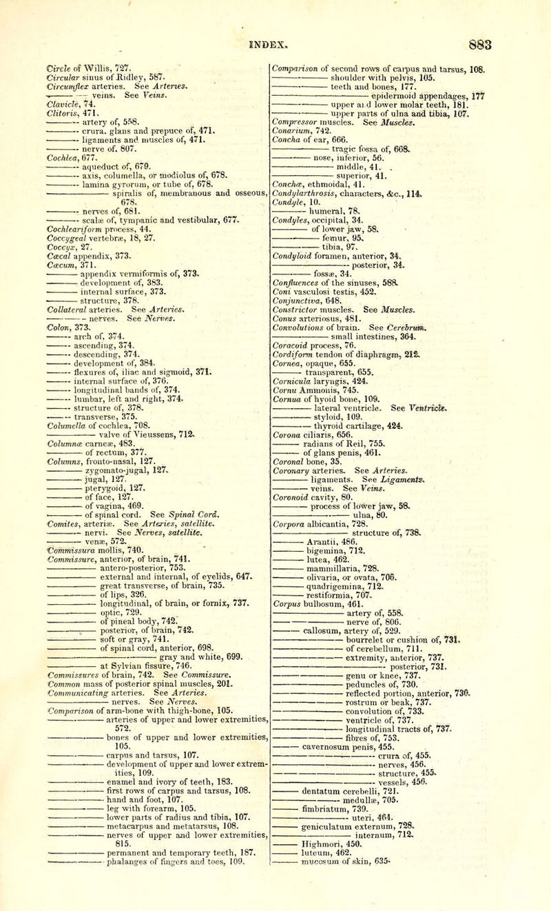 CircJe of Willis, 727. Circular sinus of Hidley, 587. Circuiriflex arteries. See Arteries. veins. See Feins. Clavicle, 74. Clitoris, 471. ^— artery of, S.'^S. crura, glans and prepuce of, 471. ligaments and muscles of, 471. — nerve of, 807. Cochlea, 677. ■ aqueduct of, 679. axis, columella, or modiolus of, 678. lamina gyrorum, or tube of, 678. ■ spiralis of, membranous and osseous, 678. nei-ves of, 681. scalaj of, tympanic and vestibular, 677- Cochleariform process, 44. Coccygeal vertebrse, 18, 27. Coccyx, 27. Ccecal appendix, 373. Caecum, 371. • appendix veiTniformis of, 373. development of, 383. • internal surface, 373. ■ structure, 378. Collateral arteries. See Arteries. nerves. See Nerves. Colon, 373. arch of, 374. ascending, 374. descending, 374. development of, 384- flexures of, iliac and sigmoid, 371. internal surface of, 376. longitudinal bands of, 374. lumbar, left and right, 374. structure of, 378. transverse, 375. Columella of cochlea, 708. • valve of Vieussens, 712. ColumntE carneae, 483. of rectum, 377. Columns, fronto-nasal, 127. zygomato-jugal, 127. jugal, 127. pterygoid, 127. efface, 127. of vagina, 469. of spinal cord. See Spinal Cord. Comites, arteriie. See Arteries, satellite. nervi. See Nerves, satellite. vense, 572, Commissura mollis, 740. * • Commissure, anterior, of brain, 741. antero-posterior, 753, e.xternal and internal, of eyelids, 647. . ■ — great transverse, of brain, 735. of lips, 326. longitudinal, of brain, or fornix, 737. optic, 729. of pineal body, 742. ■ posterior, of brain, 742, soft or gray, 741. ——■ of spinal cord, anterior, 698. ■ gray and white, 699. at Sylvian fissure, 746. Commissures of brain, 742. See Commissure. Common mass of posterior spinal muscles, 201. Communicating arteries. See Arteries. nerves. See Nerves, Comparison of arm-bone with thigh-bone, 105. aiteries of upper and lower extremities, 572. bones of upper and lower extremities, 105. carpus and tarsus, 107. development of upper and lower extrem- ities, 109. — ■■— ■ enamel and ivory of teeth, 183. first rows of carpus and tarsus, 108. hand and foot, 107. leg with forearm, 105, — lower parts of radius and tibia, 107. metacarpus and metatarsus, 108. nerves of upper and lower extremities, 815. permanent and temporary teeth, 187. phalanges of fingers and toes, 109. Comparison of second rows of cai-pus and tarsus, 108. shoulder with pelvis, 105. —— ■ teeth and bones, 177. epidermoid appendages, 177 upper ai d lower molar teeth, 181. upper parts of ulna and tibia, 107, Compressor muscles. See Muscles Conarium, 742. Concha of ear, 666. tragic fossa of, 668. ■ nose, inferior, 56. middle, 41. . superior, 41. Concha, ethmoidal, 41. Condylarthrosis, characters, &c,, J14. Condyle, 10. humeral, 78. Condyles, occipital, 34, of lovver Jaw, 58. femur, 95. tibia, 97. Condyloid foramen, anterior, 34, posterior, 34. ■—— fossas, 34. Confluences of the sinuses, 588. Coni vasculosi testis, 452. Conjunctiva, 648. Constrictor muscles. See Muscles, Conus arteriosus, 481. Convolutions of brain. See Cerebrwm. small intestines, 364, Coracoid process, 76. Cordiform tendon of diaphragm, 2i2. Cornea, opaque, 655. transparent, 655. Cornicula laryngis, 424, Cornu Ammonis, 745. Cornua of hyoid bone, 109, lateral ventricle. See Ventrish. styloid, !09. thyroid cartilage, 424. Corona ciliaris, 656. radians of Reil, 755, of glans penis, 461, Coronal bone, 35. Coronary arteries. See Arteries, ligaments. See Ligaments. veins. See Veins. Coronoid cavity, 80. process of lo^er jaw, 58, ulna, 80. Corpora albicantia, 728. structure of, 738, Arantii, 486. bigemina, 712. lutea, 462. mammillaria, 728. olivaria, or ovata, 706. quadrigemina, 712. restiformia, 707, Corpus bulbosum, 461, artery of, 558, nerve of, 806. callosum, artery of, 529. bourrelet or cushion of, 731. of cerebellum, 711. extremity, anterior, 737. posterior, 731. genu or knee, 737. peduncles of, 730. reflected portion, anterior, 7; rostrum or beak, 737. ■— convolution of, 733. ventricle of, 737. ' longitudinal tracts of, 737. fibres of, 753. cavernosum penis, 455. ■ crura of, 455. — nerves, 456. structure, 455. - vessels, 456. dentatura cerebelli, 721. medulla, 705. fimbriatum, 739. uteri, 464. geniculatum externum, 728. internum, 712. Highmori, 450. ■ luteum, 462. ■ muoasum of skin, 635-