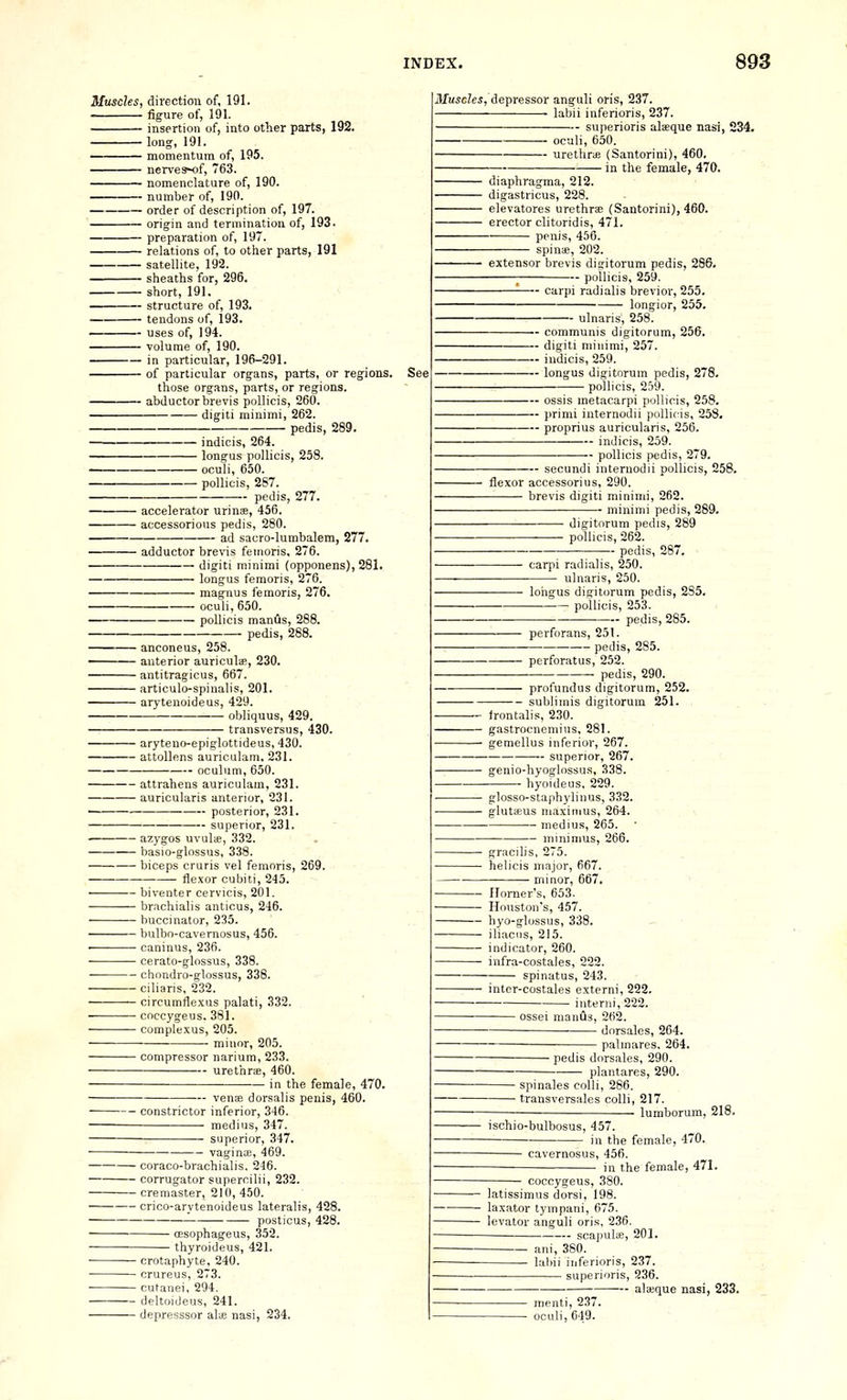 Muscles, direction of, 191. - figure of, 191. insertion of, into other parts, 192. long, 191. momentum of, 195. nerves-of, 763. nomenclature of, 190. number of, 190. order of description of, 197. origin and termination of, 193. preparation of, 197. relations of, to other parts, 191 satellite, 192. sheaths for, 296. short, 191. structure of, 193. — tendons of, l93. . uses of, 194. volume of, 190. in particular, 196-291. of particular organs, parts, or regions. those organs, parts, or regions. abductor brevis pollieis, 260. digiti minimi, 262. pedis, 289. See • indicis, 264. ■ longus pollieis, 258. ■ oculi, 650. • pollieis, 287. - pedis, 277. ■ accelerator urinje, 456. • aocessorious pedis, 280. ad sacro-lumbalem, 277. Juctor brevis feinoris, 276. digiti minimi (opponens), 281. longus femoris, 276. magnus femoris, 276. oculi, 650. pollieis manfls, 288. pedis, 288. - anconeus, 258. • anterior auriculs, 230. • antitragicus, 667. ■ articulo-spinalis, 201. • arytenoideus, 429. — obliquus, 429. transversus, 430. aryteno-epiglottideus, 430. attollens auriculam, 231. oculum, 650. attrahens auriculam, 231. auricularis anterior, 231. posterior, 231. superior, 231. azygos uvuliE, 332. basio-glossus, 338. biceps cruris vel femoris, flexor cubiti, 245. — biventer cervicis, 201. — brachialis anticus, 246. — buccinator, 235. — bulbo-cavernosus, 456. — caninus, 236. — cerato-glossus, 338. — chondro-glossus, 338. — ciliaris, 232. — circumflexus palati, 332. — coccygeus. 381. — complexus, 205. minor, 205. ■ compressor narium, 233. urethrse, 460. in the female, 470. — venEe dorsalis penis, 460. constrictor inferior, 346. medius, 347. superior, 347. vaginas, 469. coraco-brachialis. 246. corrugator supercilii, 232. cremaster, 210, 450. crico-arytenoideus lateralis, 428. posticus, 428. oEsophageus, 352. thyroideus, 421. crotaphyte, 240. crureus, 2T3. cutanei, 294. — deltoideus, 241. — depresssor alue nasi, 234. Muscles, Ae'pressor anguli oris, 237. labii inferioris, 237. superioris alaeque nasi, 234. oculi, 650. urethrae (Santorini), 460, ■ in the female, 470. diaphragma, 212. digastricus, 228. elevatores urethrs (Santorini), 460. erector clitoridis, 471. — ■ penis, 450. spiniE, 202. extensor brevis disitorum pedis, 286. -- pollieis, 259. carpi radialis brevior, 255. longior, 255. ulnaris, 258. — communis digitorum, 256, -- digiti minimi, 257. — indicis, 259. — longus digitorum pedis, 278. • pollieis, 259. — ossis metacarpi pollieis, 258. — primi internodii poUic-is, 258. — proprius auricularis, 256. indicis, 259. ■ pollieis pedis, 279, secundi internodii pollieis, 258. flexor accessorius, 290. brevis digiti minimi, 262. — minimi pedis, 289. digitorum pedis, 289 pollieis, 262. ■ pedis, 287. carpi radialis, 250. ulnaris, 250. longus digitorum pedis, 235. —■ pollieis, 253. pedis, 285. perforans, 251. pedis, 285. perforatus, 252. • pedis, 290. profundus digitorum, 252. sublimis digitorum 251. ~ frontalis, 230. — gastrocnemius, 281. — gemellus inferior, 267.  superior, 267. — genio-hyoglossus, 338. hyoideus, 229. glosso-staphyliiius, 332. glutiEus maxinius, 264. medius, 265. minimus, 266. gracilis, 2iD. helicis major, 667. minor, 667. Homer's, 653. Houston's, 457. hyo-glossus, 338. iliacus, 215. indicator, 260. infra-costales, 222. spinatus, 243. inter-costales externi, 222. interiii,222. - ossei mands, 262. dorsales, 264. palmares, 264. pedis dorsales, 290. plantares, 290. • spinales colli, 286. ■ transversales colli, 217. lumborum, 218. ischio-bulbosus, 457. in the female, 470. cavernosus, 456. ■ in the female, 471. coccygeus, 380. — latissimus dorsi, 198. — laxator tympani, 675. — levator anguli oris, 236. scapuliE, 201 380. am, laliii inferioris, 237. superioris, 936. alajque nasi, 233. menti, 237. oculi, 649.