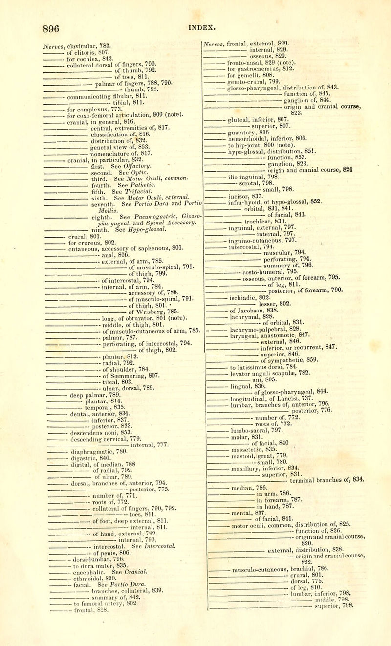Nerves, clavicular, 78_3. of clituris, 607. • for cochlea, 842. collateral dorsal of fingers, 790. . of thumb, 792. of toes, 811. palmar of fingers, 788, 790. ■ thumb, 783. coniniunioatiiig fibular, 811. tibial, 811. - for complexus, 773 - for coxo-femoral articulation, 800 (note). ~ cranial, in general, 816. central, extremities of, 817. classification of, 816. — distribution of, 832. general view of, 853. • nomenclature of, 817. - cranial, in particular, 832. first. See Olfactory. second. See Optic. third. See Motor Oculi, common. fourth. See Pathetic. .—■ fifth. See Trifacial. sixth. See Motor Oculi, external seventh. See Portio Dura and Portio Mollis eighth. See Pneumogastric, Glosso- pharyngeal, and Spinal Accessory. ninth. See Hypo-glossal. - crural, 801. - for crureus, 802. - cutaneous, accessory of saphenous, 801. . anal, 806. external, of arm, 785. . of musculo-spiral, 791. of thi?h, 799. Nerves, frontal, external, 829. — internal, 829. — osseous, 829. fronto-nasal, 829 (note). for gastrocnemius, 812. for gernelli, 808. genito-crural, 799. glosso-pharyngeal, distribution of. 843. function of, 845. ganglion of, 844. origin and cranial course, 823. — gluteal, inferior, 807. - superior, 807. — gustatory, 836. — hemorrhoidal, inferior, 806. — to hip-joint, 800 'note). — hypo-glossal, distribution, 851. • function, 853. ganglion, 823. origin and cranial course, 824 ■ ilio inguinal, 798. scrotal, 798. — small, 79 — incisor, 837. — infra-hyoid, of hypo-glossal, 852. orbital, 831,841. ■ of facial, 841. trochlear, 830. ■ inguinal, external, 797. - internal, 797. ■ of intercostal, 794. • internal, of arm, 784. accessory of, 78S. of musculo-spiral, 791. of thigh, 801. J ■ of Wrisberg, 785. — lonft, of obturator, 801 (note), --middle, of thigh, 801. — of musculo-culaneous of arm, 785. — palmar, 787. — perforating, of intercostal, 794. - of thigh, 802. - inguino-cutaneous, 797. - intercostal, 794. muscular, 794. perforating, 794. ■ summary of, 796. — costo-hurneral, 795. — osseous, anterior, of forearm, 795. • ischiadic, 802 lesser, 802 -of leg, 811. posterior, of forearm, 790. — of Jacobson, 838. — lachrymal, 828. — of orbital, 831. lachrymo-palpebral, 828. laryngeal, anastomotic, 847 ixternal, 846 — plantar, 613. — radial, 792. — of shoulder, 784. — of Soemmering, 807. ~ tibial. 803. • ulnar, dorsal, 769. deep palmar, 789 plantar, 814. temporal, 835. dental, anterior, 834. inferior, 837. posterior, 833. descendens noni, 853 descending cervical. internal, 777. — diaphragmatic, 780. — digastric, 840. — digital, of median, 788 of radial, 792. of ulnar, 789. — dorsal, branches of, anterior, 794. posterior, 775. number of, 771. roots of, 772. collateral of fingers, 790, 792. toes, 811. of foot, deep external, 811. —. internal, 811. of hand, external, 792. internal, 790. intercostal. Sec Intercostal. — of penis, 806. ■ dorsi-lumbar, 796. - to dura mater, 835. ■ encephalic. See Cranial. ■ ethmoidal, 830. - facial. See Portio Dura. branches, collateral, 839. summary of, 842. - to femoral artery, 802. frontal, 828. inferior, or recurrent, 847. superior, 646. of sympathetic, 859. ■ to latissimus dorsi, 784. - levator anguli .scapulie, 782. ani, 805. - lingual, 836. — of glosso-pharyngeal, 844. - longitudinal, of Lancisi, 737. - lumbar, branches of, anterior, 796. posterior, 776. — number of, 772. — roots of, 772. ■ lumbo-sacral, 797. -malar, 831. of facial, 840 - masseteric, 835. - mastoid, great, 779. - small, 780. - maxillary, inferior, 834. superior, 831. terminal brandies of, 834. - median, 786. in arm, 7S6. in forearm, 787 • in hand, 787. - mental, 83.. of facial, 841. motor oculi, common, distribution of, 825. function of, 826. — origin and cranial course, 820. external, distribution, 838. origin and cranial course, 822. • musculo-cutaneous, brachial, 766. crural, 801. dorsal, 775. of leg, 810. . lumbar, inferior, 798. middle, 798. superior, 798.