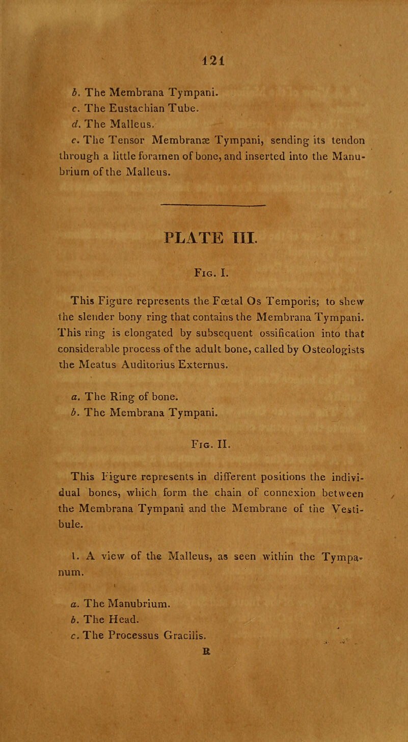 b. The Membrana Tympani. c. The Eustachian Tube. d. The Malleus. e. The Tensor Membranse Tympani, sending its tendon through a little foramen of bone, and inserted into the Manu- brium of the Malleus. PLATE III. Fig. I. This Figure represents the Foetal Os Temporis; to shew the slender bony ring that contains the Membrana Tympani. This ring is elongated by subsequent ossification into that considerable process of the adult bone, called by Osteologists the Meatus Auditorius Externus. a. The Ring of bone. b. The Membrana Tympani. Fig. II. This Figure represents in different positions the indivi- dual bones, which form the chain of connexion between the Membrana Tympani and the Membrane of the Vesti- bule. I. A view of the Malleus, as seen within the Tympa- num. a. The Manubrium. b. The Head. c. The Processus Gracilis. R