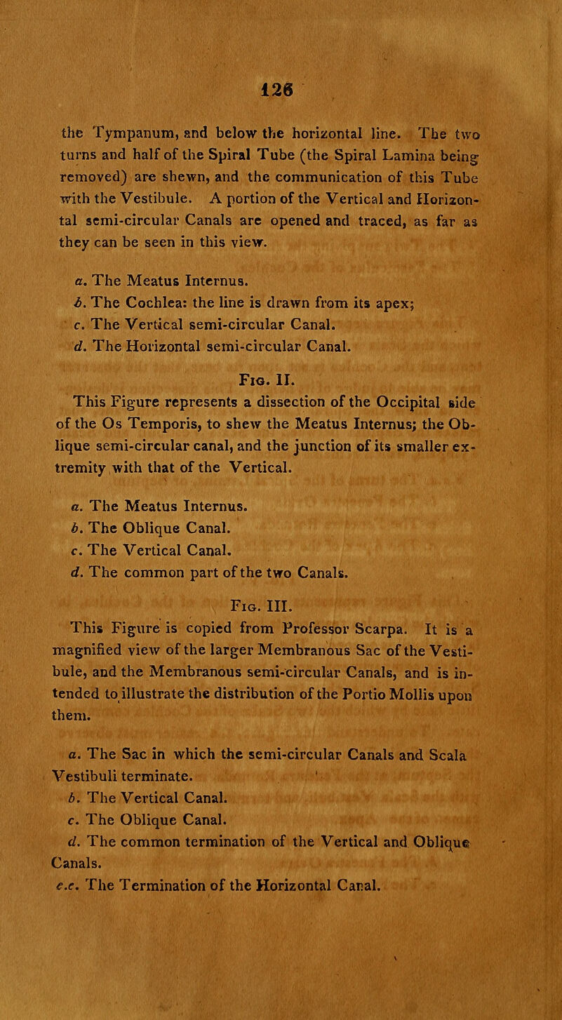 the Tympanum, and below the horizontal line. The two turns and half of the Spiral Tube (the Spiral Lamina being removed) are shewn, and the communication of this Tube with the Vestibule. A portion of the Vertical and Horizon- tal semi-circular Canals are opened and traced, as far as they can be seen in this view. a. The Meatus Internus. b. The Cochlea: the line is drawn from its apex; c. The Vertical semi-circular Canal. d. The Horizontal semi-circular Canal. Fig. II. This Figure represents a dissection of the Occipital side of the Os Temporis, to shew the Meatus Internus; the Ob- lique semi-circular canal, and the junction of its smaller ex- tremity with that of the Vertical. a. The Meatus Internus. b. The Oblique Canal. c. The Vertical Canal. d. The common part of the two Canals. Fig. III. This Figure is copied from Professor Scarpa. It is a magnified view of the larger Membranous Sac of the Vesti- bule, and the Membranous semi-circular Canals, and is in- tended to illustrate the distribution of the Portio Mollis upon them. a. The Sac in which the semi-circular Canals and Scala Vestibuli terminate. b. The Vertical Canal. c. The Oblique Canal. d. The common termination of the Vertical and Oblique Canals. e.e. The Termination of the Horizontal Canal.