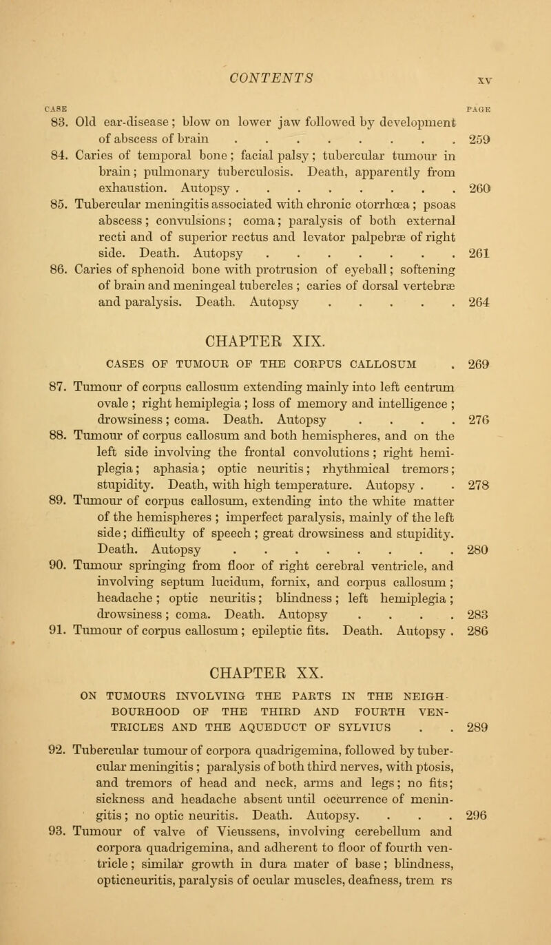 CASE PAGE 83. Old ear-disease; blow on lower jaw followed bj' development of abscess of brain ........ 259 84. Caries of temporal bone; facial palsy; tubercular tumour in brain; piilmonary tuberculosis. Death, apparently from exhaustion. Autopsy 260 85. Tubercular meningitis associated with chronic otorrhoea; psoas abscess ; convulsions; coma; paralysis of both external recti and of superior rectus and levator palpebrae of right side. Death. Autopsy . 261 86. Caries of sphenoid bone with protrusion of eyeball; softening of brain and meningeal tubercles ; caries of dorsal vertebrae and paralysis. Death. Autopsy 264 CHAPTEE XIX. CASES OF TUMOUR OF THE COEPUS CALLOSUM . 269 87. Tumoiu of corpus callosum extending mainly into left centrum ovale ; right hemiplegia ; loss of memory and intelligence ; drowsiness; coma. Death. Autopsy .... 276 88. Tumour of corpus callosum and both hemispheres, and on the left side involving the frontal convolutions; right hemi- plegia ; aphasia; optic neuritis; rhythmical tremors; stupidity. Death, with high temperature. Autopsy . . 278 89. Tumour of corpus callosmn, extending into the white matter of the hemispheres ; imperfect paralysis, mainly of the left side; difficulty of speech ; great drowsiness and stupidity. Death. Autopsy 280 90. Tumour springing from floor of right cerebral ventricle, and involving septum lucidum, fornix, and corpus callosum ; headache ; optic neuritis; blindness ; left hemiplegia ; drowsiness; coma. Death. Autopsy .... 283 91. Tumour of corpus callosum; epileptic fits. Death. Autopsy . 286 CHAPTER XX. ON TUMOURS INVOLVING THE PARTS IN THE NEIGH BOURHOOD OF THE THIRD AND FOURTH VEN- TRICLES AND THE AQUEDUCT OF SYLVIUS . . 289 92. Tubercular tumour of corpora quadrigemina, followed by tuber- cular meningitis; paralysis of both third nerves, with ptosis, and tremors of head and neck, arms and legs; no fits; sickness and headache absent until occurrence of menin- gitis ; no optic neuritis. Death. Autopsy. . . . 296 93. Tumour of valve of Vieussens, involving cerebellum and corpora quadi-igemina, and adherent to floor of fourth ven- tricle ; similar growth in dura mater of base; blindness, opticneuritis, paralysis of ocular muscles, deafiiess, trem rs