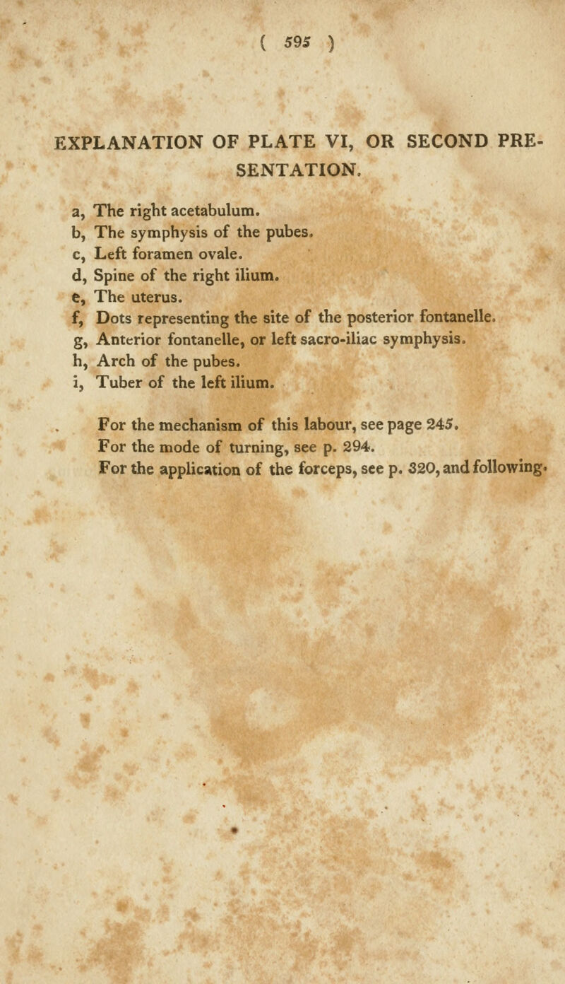 EXPLANATION OF PLATE VI, OR SECOND PRE- SENTATION. a, The right acetabulum. b, The symphysis of the pubes. c, Left foramen ovale. d, Spine of the right ilium. e, The uterus. f, Dots representing the site of the posterior fontanelle. g, Anterior fontanelle, or left sacro-iliac symphysis, h, Arch of the pubes. i, Tuber of the left ilium. For the mechanism of this labour, see page 245. For the mode of turning, see p. 294.