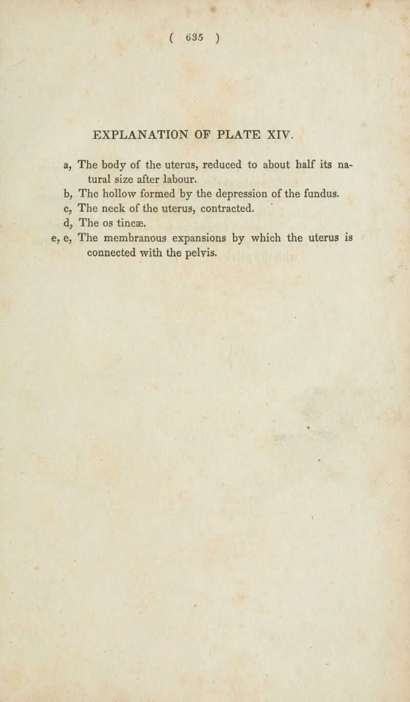 EXPLANATION OF PLATE XIV. a, The body of the uterus, reduced to about half its na- tural size after labour. b, The hollow formed by the depression of the fundus. c, The neck of the uterus, contracted. d, The OS tincae. e, e, The membranous expansions by which the uterus is connected with the pelyis.