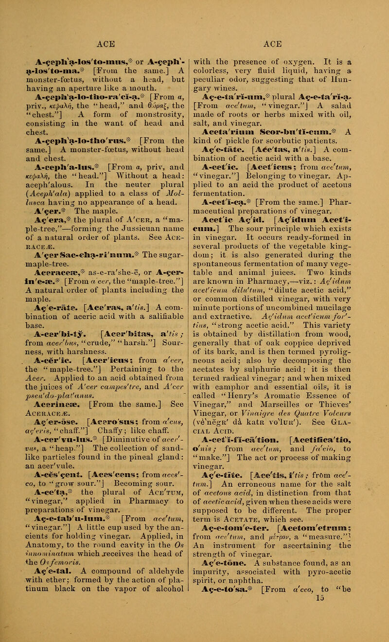 A-^epli'a-los'to-iims,* or A-$epli- a-los'to-ina.* [From the same.] A monster-foetus, without a h(±ad, hut having an aperture like a inouth. A-$ei»ta'a-l©»tlio-ra'cI-R.* [From «, priv., K£pa\>), the head, and 0;u/jaf, the chest.] A form of monstrosity, consisting in the want of head and chest. A-^eph^a-lo-tho'rus.'* [From the same.] A monster-foetus, without head and chest. A-ceph'a-lus.* [From a, priv, and K€<l>a\ij, the head.] Without a head: aeeph'alous. In the neuter plural (Aceph'ala) applied to a class of Jlol- lusca having no appearance of a head. A'^jer.* The maple. A^'era,* the plural of A'cer, a ma- ple-tree,—forming the Jussieuan name of a natural order of plants. See Ace- RACE.E. A'^er Sac-ctaa-ri'smm.® The sugar- maple-tree. Aceracese,* as-e-ra'she-e, or A-^er- in'e-je.s [From a'cer, the maple-tree.] A natural order of plants including the maple. A^j'e-rate. [Ace'ras, a'tis.] A com- bination of aceric acid with a salifiable base. A-cer'bi-ty. [Aeer'bitas, a'tis; from ace/baa, crude, harsh.] Sour- ness, with harshness. A-cer'ic. [Acer'icus; from aver, the  maple-tree.] Pertaining to the Acer. Applied to an acid obtained from the juices of A'cer campes'tre, and A'cer jjseu'du-plat'anus. Aeerisiea?. [From the same.] See ACERACEjE. A$'er-6se. [Acsro'sns; from a'ens, ac'eris, chaff.] Chaffy; like chaff. A-cer'vu-lus.* [Diminutive of acer'- vui', a heap.] The collection of sand- like particles found in the pineal gland: an acer'vule. A-ces'^ent. [Aces'cens; from«ees'- co, to grow sour.] Becoming sour. A-ce'ta,* the plural of Ace'tuji, vinegar, applied in Pharmacy to preparations of vinegar. A$-e-tab'u-lum.* [From ace'tum, vinegar.] A little cup used by the an- cients for holding vinegar. Applied, in Anatomy, to the round cavity in the Os ■innnminatum which .receives the head of ♦he Oi/emoris. A^'e-tal. A compound of aldehyde with ether; formed by the action of pla- tinum black on the vapor of alcohol with the presence of oxygen. It is a colorless, very fluid liquid, having a peculiar odor, suggesting that of Hun- gary wines. A^-e-ta'rl-wni,* plural Ag-e-ta'ri-a, [From ace'tum,  vinegar.] A salad made of roots or herbs mixed with oil, salt, and vinegar. Aceta'i'iuin Scor-bu'tl-cnm.* A kind of pickle for scorbutic patients. A^'e-tate. [A^e'las, a'tis.] A com- bination of acetic acid with a base. A-cet'ic. [Acet'icus; from ace'tum, vinegar.] Belonging to vinegar. Ap- plied to an acid the product of acetous fermentation. A-ceti'I-ca.* [From the same.] Phar- maceutical preparations of vinegar. Acet'ic A^'id. [A$'idiim Acet'i- cimi.] The sour principle which exists in vinegar. It occurs ready-formed in several products of the vegetable king- dom ; it is also generated during the spontaneous fermentation of many vege- table and animal juices. Two kinds are known in Pharmacy,—viz.: Ac'idum acet'icnm dilu'tum, dilute acetic acid, or common distilled vinegar, with very minute portions of uncombined mucilage and extractive. At/idum acet'ieum for'- tiits, strong acetic acid. This variety is obtained by distillation from wood, generally that of oak coppice deprived of its bark, and is then termed pyrolig- neous acid; also by decomposing the acetates by sulphuric acid; it is then termed radical vinegar; and when mixed with camphor and essential oils, it \a called Henry's Aromatic Essence of Vinegar, and Marseilles or Thieves' Vinegar, or Vinnigre des Qutttre Volcurs (ve'negR' da katR vo^Iur'). See Gla- cial Acid. A-cet'I-fl-ca'tion. [Acetifica'tio, o'n is; from ace'tum, and fa'cio, to make.] The act or process of making vinegar. A^'e-tite. [Ace'tis, i'tis ; from ace'- tum.] An erroneous name for the salt of acetous acid, in distinction from that of acetic acid, given when these acids were supposed to be different. The proper term is Acetate, which see. A^-e-tom'e-ter. [Aeetom'etrtiBTi t from ace'tum, and jiirpov, a measure.] An instrument for ascertaining the strength of vinegar. A^'e-tone. A substance found, as an impurity, associated with pyro-acetic spirit, or naphtha. Ag-e-to'sa.* [From a'ceo, to be