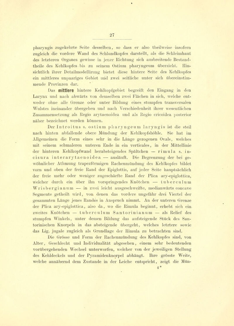 pharyngis zugekehrte Seite desselben, so dass er also theilweise insofern zugleich die vordere Wand des Schlundkopfes darstellt, als die Schleimhaut des letzteren Organes gewisse in jener Richtung sich ausbreitende Bestand- teile des Kehlkopfes bis zu seinem Ostium pharyngeum überzieht. Hin- sichtlich ihrer Detailmodellirung bietet diese hintere Seite des Kehlkopfes ein mittleres unpaariges Gebiet und zwei seitliche unter sich übereinstim- mende Provinzen dar. Das mittlere hintere Kehlkopfgebiet begreift den Eingang in den Larynx und nach abwärts von demselben zwei Flächen in sich, welche ent- weder ohne alle Grenze oder unter Bildung eines stumpfen transversalen Wulstes ineinander übergehen und nach Verschiedenheit ihrer wesentlichen Zusammensetzung als Regio arytaenoidea und als Regio cricoidea posterior näher bezeichnet werden können. Der Introitus s. ostium pharyngeum laryngis ist die steil nach hinten abfallende obere Mündung der Kehlkopfshöhle. Sie hat im Allgemeinen die Form eines sehr in die Länge gezogenen Ovals, welches mit seinem schmaleren unteren Ende in ein verticales, in der Mittellinie der hinteren Kehlkopfwand herabsteigendes Spältchen — rimula s. in- cisura interarytaenoidea — ausläuft. Die Begrenzung der bei ge- Avöhnlicher Athmung trapezförmigen Rachenmündung des Kehlkopfes bildet vorn und oben der freie Rand der Epiglottis, auf jeder Seite hauptsächlich der freie mehr oder weniger zugeschärfte Rand der Plica ary-epiglottica, welcher durch ein über ihn vorspringendes Knötchen — t u b e r c u 1 u m Wrisbergianum — in zwei leicht ausgeschweifte, medianwärts concave Segmente getheilt wird, von denen das vordere ungefähr drei Viertel der gesammten Länge jenes Randes in Anspruch nimmt. An der unteren Grenze der Plica ary-epiglottica, also da, wo die Rimula beginnt, erhebt sich ein- zweites Knötchen — t u b e r c u 1 u m Santorinianum — als Relief des stumpfen Winkels, unter dessen Bildung das aufsteigende Stück des San- torinischen Knorpels in das absteigende übergeht, welches letztere sowie das Lig. jugale zugleich als Grundlage der Rimula zu betrachten sind. Die Grösse und Form der Rachenmündung des Kehlkopfes sind, von Alter, Geschlecht und Individualität abgesehen, einem sehr bedeutenden vorübergehenden Wechsel unterworfen, welcher von der jeweiligen Stellung des Kehldeckels und der Pyramidenknqrpel abhängt. Ihre grösste Weite, welche annähernd dem Zustande in der Leiche entspricht, zeigt die Mün-