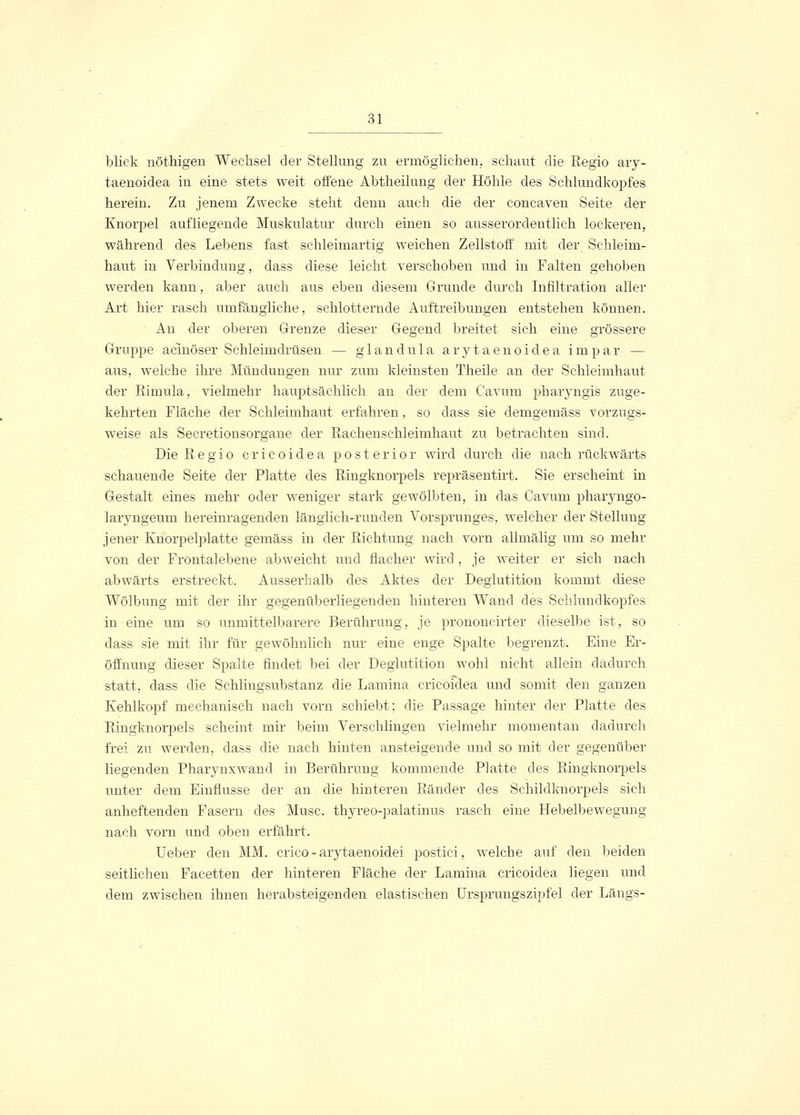 blick nöthigen Wechsel der Stellung zu ermöglichen, schaut die Regio ary- taenoidea in eine stets weit offene Abtheilung der Höhle des Schlundkopfes herein. Zu jenem Zwecke steht denn auch die der concaven Seite der Knorpel aufliegende Muskulatur durch einen so ausserordentlich lockeren, während des Lebens fast schleimartig weichen Zellstoff mit der Schleim- haut iu Verbindung, dass diese leicht verschoben und in Falten gehoben werden kann, aber auch aus eben diesem Grunde durch Infiltration aller Art hier rasch umfängliche, schlotternde Auftreibungen entstehen können. An der oberen Grenze dieser Gegend breitet sich eine grössere Gruppe acinöser Schleimdrüsen — glandula arytaenoidea impar — aus, welche ihre Mündungen nur zum kleinsten Theile an der Schleimhaut der Eimula, vielmehr hauptsächlich an der dem Cavum pharyngis zuge- kehrten Fläche der Schleimhaut erfahren, so dass sie demgemäss vorzugs- weise als Secretionsorgane der Rachenschleimhaut zu betrachten sind. Die Regio ericoidea posterior wird durch die nach rückwärts schauende Seite der Platte des Ringknorpels repräsentirt. Sie erscheint in Gestalt eines mehr oder weniger stark gewölbten, in das Cavum pharyngo- laryngeum hereinragenden länglich-runden Vorsprunges, welcher der Stellung jener Knorpelplatte gemäss in der Richtung nach vorn allmälig um so mehr von der Frontalebene abweicht und flacher wird , je weiter er sich nach abwärts erstreckt. Ausserhalb des Aktes der Deglutition kommt diese Wölbung mit der ihr gegenüberliegenden hinteren Wand des Schlundkopfes in eine um so unmittelbarere Berührung, je prononcirter dieselbe ist, so dass sie mit ihr für gewöhnlich nur eine enge Spalte begrenzt. Eine Er- öffnung dieser Spalte findet bei der Deglutition wohl nicht allein dadurch statt, dass die Schlingsubstanz die Lamina erieoidea und somit den ganzen Kehlkopf mechanisch nach vorn schiebt; die Passage hinter der Platte des Ringknorpels scheint mir beim Verschlingen vielmehr momentan dadurch frei zu werden, dass die nach hinten ansteigende und so mit der gegenüber liegenden Pharynxwand in Berührung kommende Platte des Ringknorpels unter dem Einflüsse der an die hinteren Ränder des Schildknorpels sich anheftenden Fasern des Muse, thyreo-palatinus rasch eine Hebelbewegung nach vorn und oben erfährt. Ueber den MM. crico - arytaenoidei postici, welche auf den beiden seitlichen Facetten der hinteren Fläche der Lamina erieoidea liegen und dem zwischen ihnen herabsteigenden elastischen Ursprungszipfel der Längs-