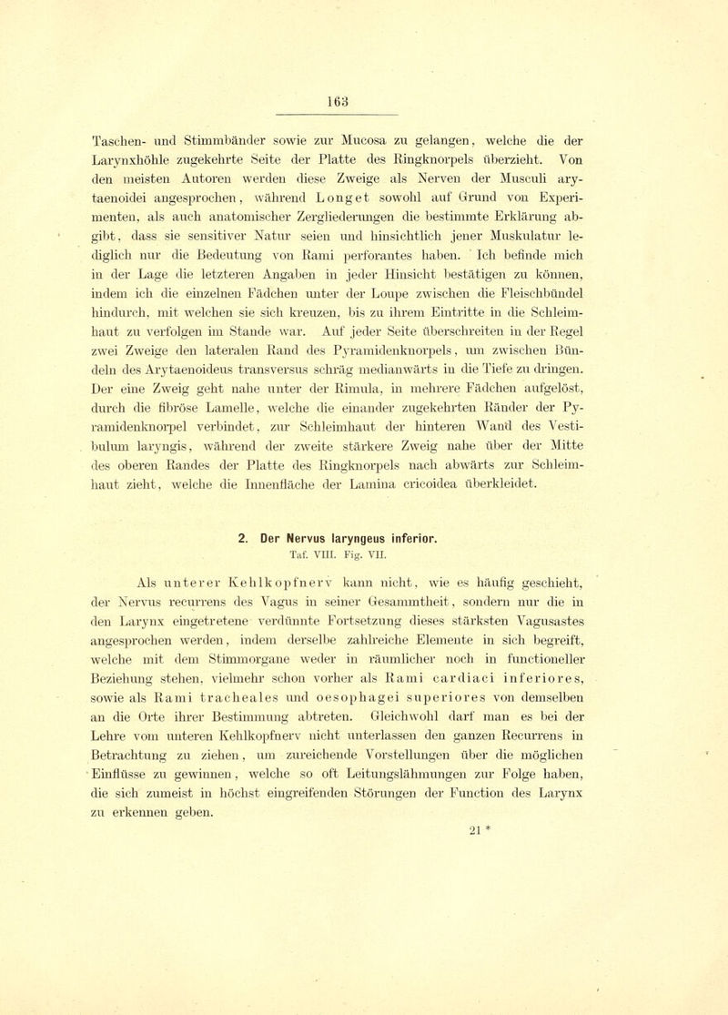 Taschen- und Stimmbänder sowie zur Mueosa zu gelangen, welche die der Larynxhöhle zugekehrte Seite der Platte des Ringknorpels überzieht. Von den meisten Autoren werden diese Zweige als Nerven der Musculi ary- taenoidei angesprochen, während Long et sowohl auf Grund von Experi- menten, als auch anatomischer Zergliederungen die bestimmte Erklärung ab- gibt, dass sie sensitiver Natur seien und hinsichtlich jener Muskulatur le- diglich nur die Bedeutung von Rami perforantes haben. ' Ich befinde mich in der Lage die letzteren Angaben in jeder Hinsicht bestätigen zu können, indem ich die einzelnen Fädchen unter der Loupe zwischen die Fleischbündel hindurch, mit welchen sie sich kreuzen, bis zu ihrem Eintritte in die Schleim- haut zu verfolgen im Stande war. Auf jeder Seite überschreiten in der Regel zwei Zweige den lateralen Rand des Pyramidenknorpels, um zwischen Bün- deln des Arytaenoideus transversus schräg medianwärts in die Tiefe zu dringen. Der eine Zweig geht nahe unter der Rimula, in mehrere Fädchen aufgelöst, durch die fibröse Lamelle, welche die einander zugekehrten Ränder der Py- ramidenknorpel verbindet, zur Schleimhaut der hinteren Wand des Vesti- buhun laryngis, während der zweite stärkere Zweig nahe über der Mitte des oberen Randes der Platte des Ringknorpels nach abwärts zur Schleim- haut zieht, welche die Innenfläche der Lamina cricoiclea überkleidet. 2. Der Nervus laryngeus inferior. Taf. VIII. Fig. VII. Als unterer Kehlkopf nerv kann nicht, wie es häufig geschieht, der Nervus recurrens des Vagus in seiner Gesammtheit, sondern nur die in den Larynx eingetretene verdünnte Fortsetzung dieses stärksten Vagusastes angesprochen werden, indem derselbe zahlreiche Elemente in sich begreift, welche mit dem Stimmorgane weder in räumlicher noch in functioneller Beziehung stehen, vielmehr schon vorher als Rami cardiaci inferiores, sowie als Rami tracheales und oesophagei superiores von demselben an die Orte ihrer Bestimmung abtreten. Gleichwohl darf man es bei der Lehre vom unteren Kehlkopfnerv nicht unterlassen den ganzen Recurrens in Betrachtung zu ziehen, um zureichende Vorstellungen über die möglichen Einflüsse zu gewinnen, welche so oft Leitungslähmungen zur Folge haben, die sich zumeist in höchst eingreifenden Störungen der Function des Larynx zu erkennen geben. 21 *