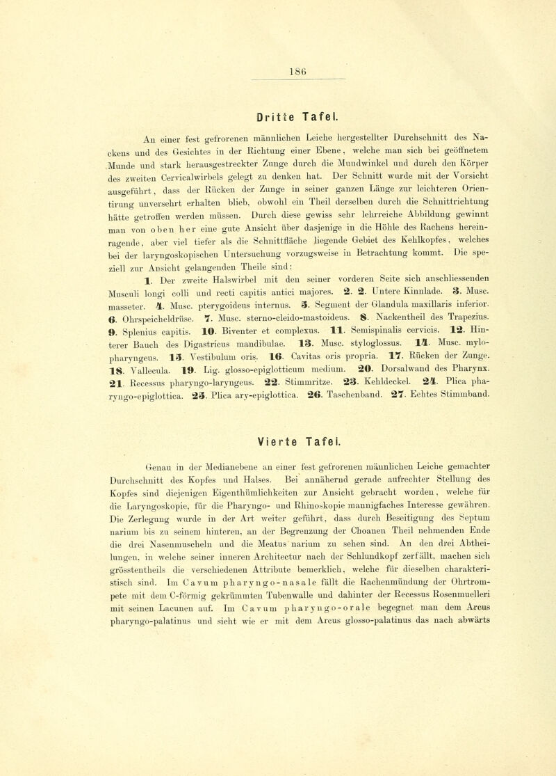 Dritte Tafel. Au einer fest gefrorenen männlichen Leiche hergestellter Durchschnitt des Na- ckens und des Gesichtes in der Richtung einer Ebene, welche man sich bei geöffnetem Munde und stark herausgestreckter Zunge durch die Mundwinkel und durch den Körper des zweiten Cervicalwirbels gelegt zu denken hat. Der Schnitt wurde mit der Vorsicht ausgeführt, dass der Rücken der Zunge in seiner ganzen Länge zur leichteren Orien- tiruno- unversehrt erhalten blieb, obwohl ein Theil derselben durch die Schnittrichtung hätte getroffen werden müssen. Durch diese gewiss sehr lehrreiche Abbildung gewinnt man von oben her eine gute Ansicht über dasjenige in die Höhle des Rachens herein- rao-ende, aber viel tiefer als die Schnittfläche liegende Gebiet des Kehlkopfes, welches bei der laryngoskopischen Untersuchung vorzugsweise in Betrachtung kommt. Die spe- ziell zur Ansicht gelangenden Theile sind: 1. Der zweite Halswirbel mit den seiner vorderen Seite sich anschliessenden Musculi longi colli und recti capitis antici majores. 2. 2. Untere Kinnlade. 3. Muse masseter. 4. Muse, pterygoideus internus. 5. Segment der Glandula niaxillaris inferior. 6. Ohrspeicheldrüse. 1. Muse, sterno-cleido-mastoideus. 8. Nackentheil des Trapezius. 9. Splemus capitis. 10- Biventer et complexus. 11. Semispinalis cervicis. 12. Hin- terer Bauch des Digastricus mandibulae. 13. Muse, styloglossus. 14. Muse, mylo- pharyngeus. 15. Vestibulum oris. 16. Cavitas oris propria. 11. Rücken der Zunge. IS. Yallecula. 19. Lig. glosso-epiglotticum medium. 20. Dorsalwand des Pharynx. 21. Recessus pharyngo-laryngeus. 22- Stimmritze. 23. Kehldeckel. 24. Plica pha- ryngo-epiglottica. 23. Plica ary-epiglottica. 26. Taschenband. 27. Echtes Stimmband. Vierte Tafei. Genau in der Medianebene an einer fest gefrorenen männlichen Leiche gemachter Durchschnitt des Kopfes und Halses. Bei annähernd gerade aufrechter Stellung des Kopfes sind diejenigen Eigenthümlichkeiten zur Ansicht gebracht worden, welche für die Laryngoskopie, für die Pharyngo- und Rhinoskopie mannigfaches Interesse gewähren. Die Zerlegung wurde in der Art weiter geführt, dass durch Beseitigung des Septum narium bis zu seinem hinteren, an der Begrenzung der Choanen Theil nehmenden Ende die drei Nasenmuscheln und die Meatus narium zu sehen sind. An den drei Abthei- lungen, in welche seiner inneren Architectur nach der Schlundkopf zerfällt, machen sich grösstentheils die verschiedenen Attribute bemerklich, welche für dieselben charakteri- stisch sind. Im Gavum pharyngo-nasale fällt die Rachenmündung der Ohrtrom- pete mit dem C-förmig gekrümmten Tubenwalle und dahinter der Recessus Rosenmuelleri mit seinen Laeunen auf. Im Cavum p har y ng o-o r ale begegnet man dem Arcus pharyngo-palatinus und sieht wie er mit dem Arcus glosso-palatinus das nach abwärts