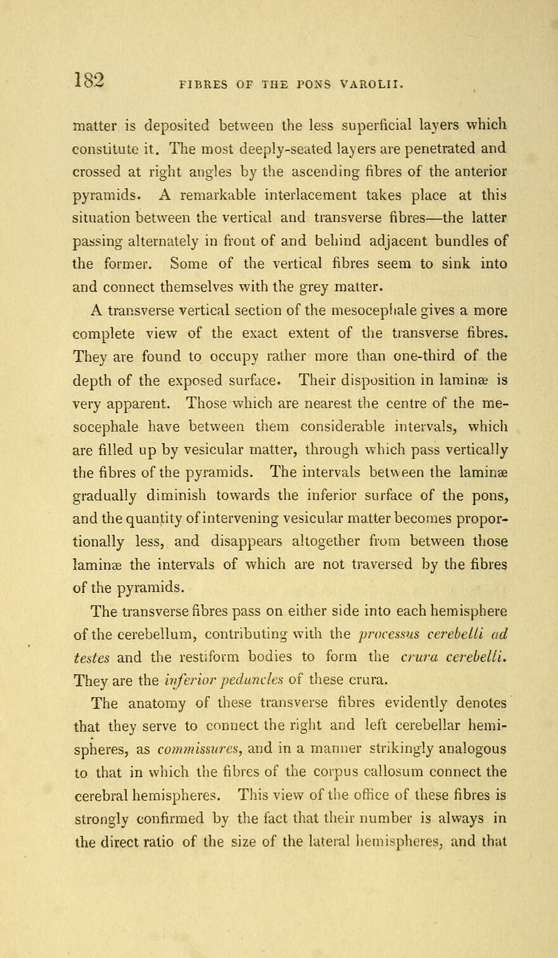 FIBRES OF THE PONS VAROLII. matter is deposited between the less superficial layers which constitute it. The most deeply-seated layers are penetrated and crossed at right angles by the ascending fibres of the anterior pyramids. A remarkable interlacement takes place at this situation between the vertical and transverse fibres—the latter passing alternately in front of and behind adjacent bundles of the former. Some of the vertical fibres seem to sink into and connect themselves with the grey matter. A transverse vertical section of the mesocephale gives a more complete view of the exact extent of the transverse fibres. They are found to occupy rather more than one-third of the depth of the exposed surface. Their disposition in laminae is very apparent. Those which are nearest the centre of the me- socephale have between them considerable intervals, which are filled up by vesicular matter, through which pass vertically the fibres of the pyramids. The intervals between the laminae gradually diminish towards the inferior surface of the pons, and the quantity of intervening vesicular matter becomes propor- tionally less, and disappears altogether from between those laminae the intervals of which are not traversed by the fibres of the pyramids. The transverse fibres pass on either side into each hemisphere of the cerebellum, contributing with the processus cerebeUi ad testes and the restiform bodies to form the crura cerebeUi. They are the inferior peduncles of these crura. The anatomy of these transverse fibres evidently denotes that they serve to connect the right and left cerebellar hemi- spheres, as commissures, and in a manner strikingly analogous to that in which the fibres of the corpus callosum connect the cerebral hemispheres. This view of the office of these fibres is strongly confirmed by the fact that their number is always in the direct ratio of the size of the lateral hemispheres, and that