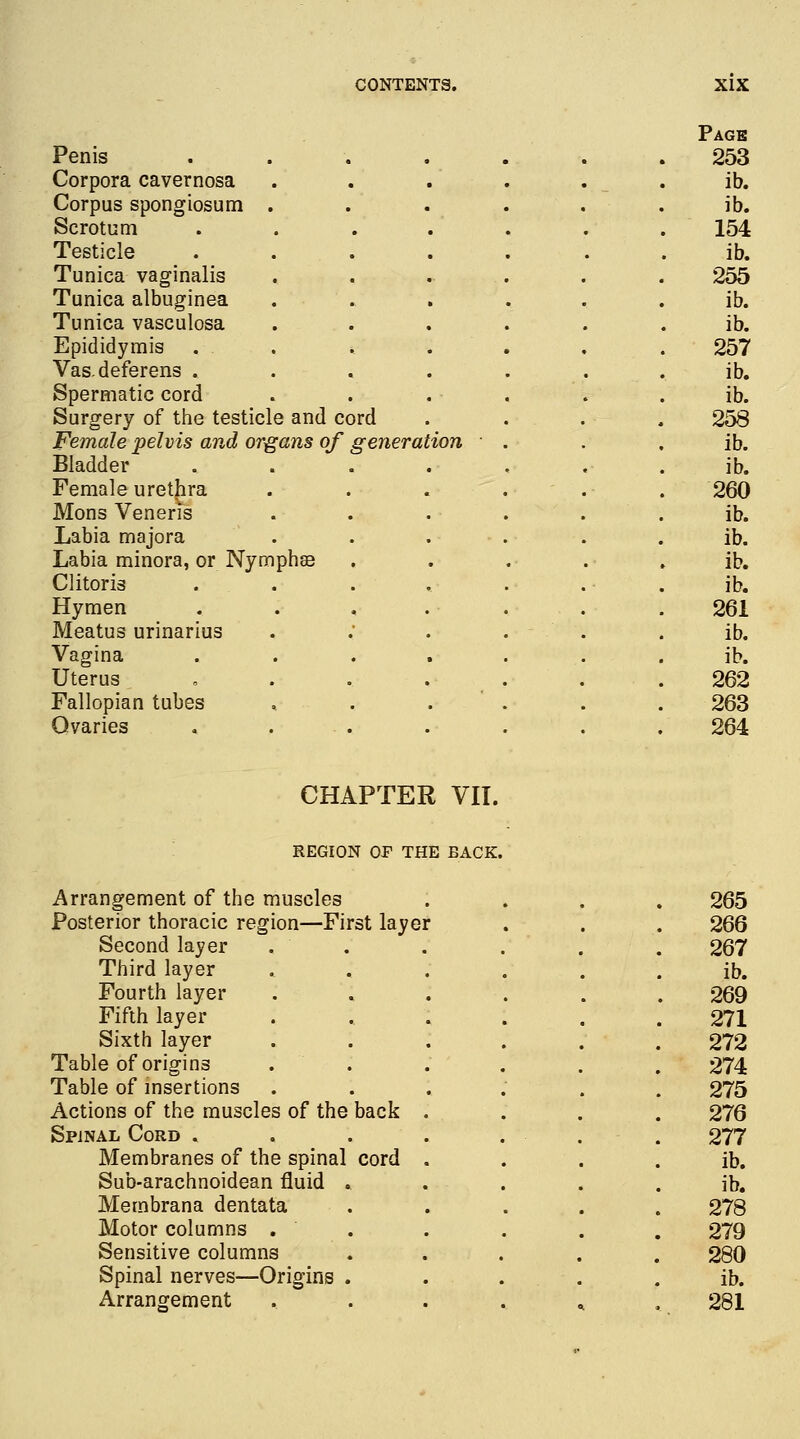 Page Penis . . . . . . .253 Corpora cavernosa ib. Corpus spongiosum . ib. Scrotum 154 Testicle ib. Tunica vaginalis 255 Tunica albuginea ib. Tunica vasculosa ib. Epididymis 257 Vas. deferens . ib. Spermatic cord ib. Surgery of the testicle and cord 258 Female pelvis and organs of generation ib. Bladder .... ib. Female urethra .... 260 Mons Veneris ib. Labia majora .... ib. Labia minora, or Nymphse ib. Clitoris .... ib. Hymen ..... 261 Meatus urinarius . - ib. Vagina ..... ib. Uterus . 262 Fallopian tubes , . . 263 Ovaries 264 CHAPTER VII. REGION OP THE BACK. Arrangement of the muscles 265 Posterior thoracic region—First layer 266 Second layer 267 Third layer ib. Fourth layer 269 Fifth layer 271 Sixth layer 272 Table of origins 274 Table of insertions 275 Actions of the muscles of the back 276 Spinal Cord . 277 Membranes of the spinal cord ib. Sub-arachnoidean fluid . ib. Mem bran a dentata 278 Motor columns . 279 Sensitive columns 280 Spinal nerves—Origins . ib. Arrangement < l 4 281