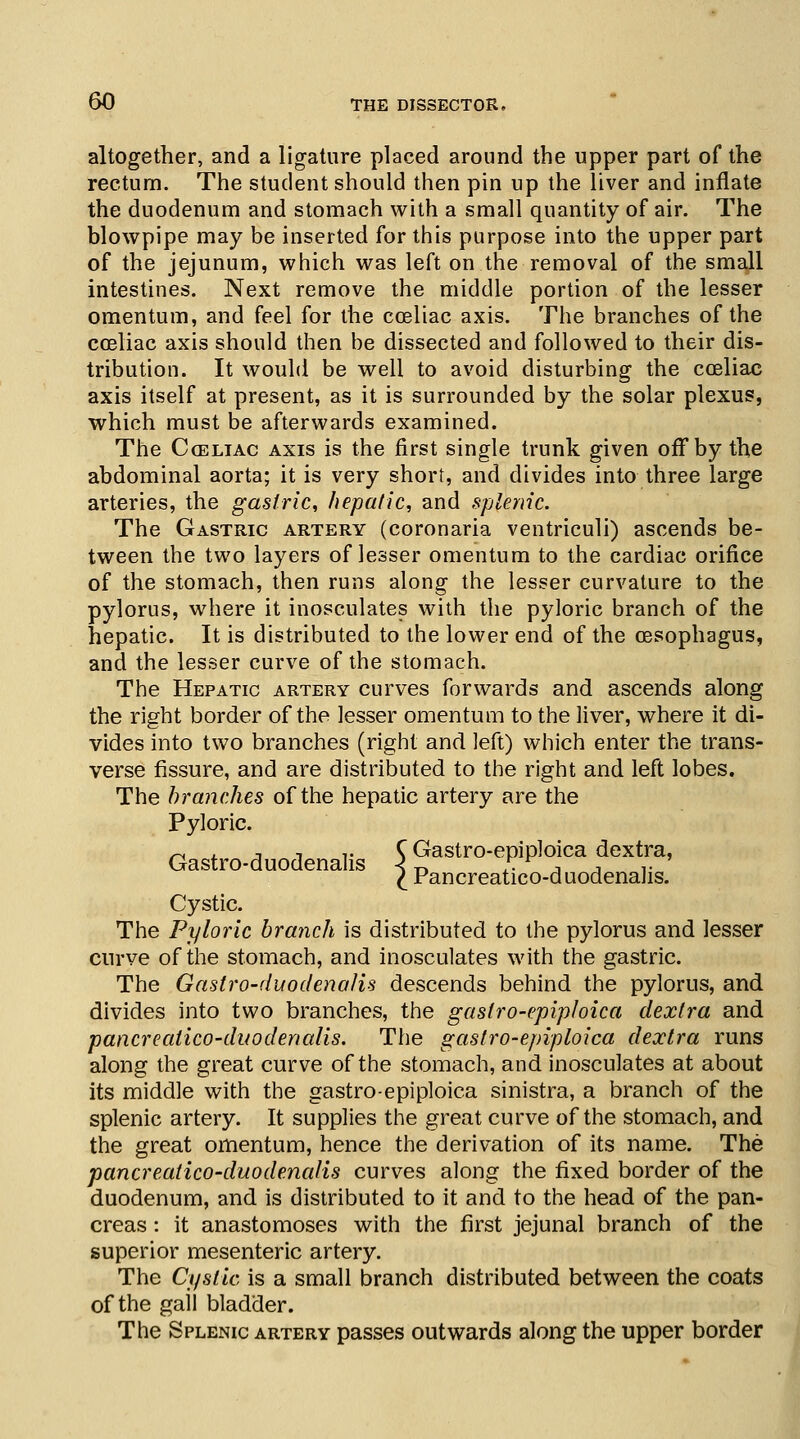 altogether, and a ligature placed around the upper part of the rectum. The student should then pin up the liver and inflate the duodenum and stomach with a small quantity of air. The blowpipe may be inserted for this purpose into the upper part of the jejunum, which was left on the removal of the small intestines. Next remove the middle portion of the lesser omentum, and feel for the cceliac axis. The branches of the cceliac axis should then be dissected and followed to their dis- tribution. It would be well to avoid disturbing the cceliac axis itself at present, as it is surrounded by the solar plexus, which must be afterwards examined. The Cceliac axis is the first single trunk given off by the abdominal aorta; it is very short, and divides into three large arteries, the gastric, hepatic, and splenic. The Gastric artery (coronaria ventriculi) ascends be- tween the two layers of lesser omentum to the cardiac orifice of the stomach, then runs along the lesser curvature to the pylorus, where it inosculates with the pyloric branch of the hepatic. It is distributed to the lower end of the oesophagus, and the lesser curve of the stomach. The Hepatic artery curves forwards and ascends along the right border of the lesser omentum to the liver, where it di- vides into two branches (right and left) which enter the trans- verse fissure, and are distributed to the right and left lobes. The branches of the hepatic artery are the Pyloric. ~ . -j , ,. C Gastro-epiploica dextra, Gastro-duodenahs A ^ r. ^ , , ,. I Pancreatico-duodenalis. Cystic. The Pyloric branch is distributed to the pylorus and lesser curve of the stomach, and inosculates with the gastric. The Gaslro-duodenalis descends behind the pylorus, and divides into two branches, the gastro-epiploica dextra and pancreatico-duodenalis. The gastro-epiploica dextra runs along the great curve of the stomach, and inosculates at about its middle with the gastro-epiploica sinistra, a branch of the splenic artery. It supplies the great curve of the stomach, and the great omentum, hence the derivation of its name. The pancreatico-duodenalis curves along the fixed border of the duodenum, and is distributed to it and to the head of the pan- creas : it anastomoses with the first jejunal branch of the superior mesenteric artery. The Cystic is a small branch distributed between the coats of the gall bladder. The Splenic artery passes outwards along the upper border