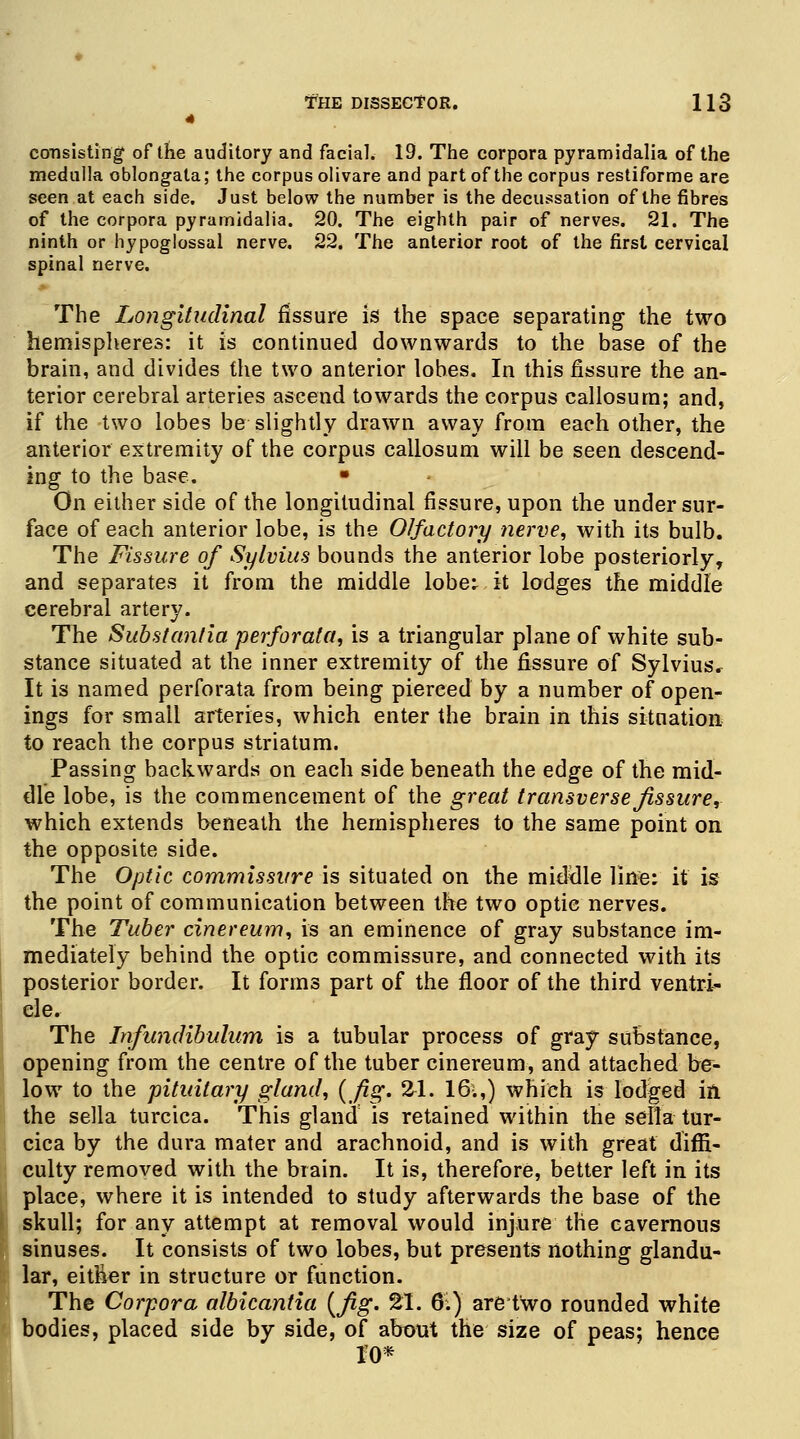 4 consisting of the auditory and facial. 19. The corpora pyramidalia of the medulla oblongata; the corpus olivare and part of the corpus restiforme are seen at each side. Just below the number is the decussation of the fibres of the corpora pyramidalia. 20. The eighth pair of nerves. 21. The ninth or hypoglossal nerve. 22. The anterior root of the first cervical spinal nerve. The Longitudinal fissure is the space separating the two hemispheres: it is continued downwards to the base of the brain, and divides the two anterior lobes. In this fissure the an- terior cerebral arteries ascend towards the corpus callosurn; and, if the two lobes be slightly drawn away from each other, the anterior extremity of the corpus callosurn will be seen descend- ing to the base. • On either side of the longitudinal fissure, upon the under sur- face of each anterior lobe, is the Olfactory nerve, with its bulb. The Fissure of Sylvius bounds the anterior lobe posteriorly, and separates it from the middle lobe; it lodges the middle cerebral artery. The Substantia perforata, is a triangular plane of white sub- stance situated at the inner extremity of the fissure of Sylvius. It is named perforata from being pierced by a number of open- ings for small arteries, which enter the brain in this situation to reach the corpus striatum. Passing backwards on each side beneath the edge of the mid- dle lobe, is the commencement of the great transverse fissure, which extends beneath the hemispheres to the same point on the opposite side. The Optic commissure is situated on the middle line: it is the point of communication between the two optic nerves. The Tuber cinereum, is an eminence of gray substance im- mediately behind the optic commissure, and connected with its posterior border. It forms part of the floor of the third ventri- cle. The Infundibulum is a tubular process of gray substance, opening from the centre of the tuber cinereum, and attached be- low to the pituitary gland, {fig. 31. 161,) which is lodged in the sella turcica. This gland is retained within the sella tur- cica by the dura mater and arachnoid, and is with great diffi- culty removed with the brain. It is, therefore, better left in its place, where it is intended to study afterwards the base of the skull; for any attempt at removal would injure the cavernous sinuses. It consists of two lobes, but presents nothing glandu- lar, either in structure or function. The Corpora albicantia (fig. 21. 6:) aretwo rounded white bodies, placed side by side, of about the size of peas; hence ro*