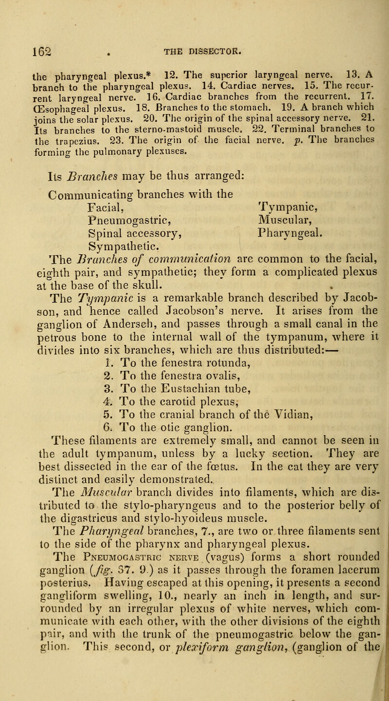 the pharyngeal plexus* 12. The superior laryngeal nerve. 13. A branch to the pharyngeal plexus. 14. Cardiac nerves. 15. The recur- rent laryngeal nerve. 16. Cardiac branches from the recurrent. 17. (Esophageal plexus. 18. Branches to the stomach. 19. A branch which joins the solar plexus. 20. The origin of the spinal accessory nerve. 21. Its branches to the sterno-mastoid muscle. 22. Terminal branches to the trapezius. 23. The origin of the facial nerve, p. The branches forming the pulmonary plexuses. Its Branches may be thus arranged: Communicating branches with the Facial, Tympanic, Pneumogastric, Muscular, Spinal accessory, Pharyngeal. Sympathetic. The Branches of communication are common to the facial, eighth pair, and sympathetic; they form a complicated plexus at the base of the skull. The Tympanic is a remarkable branch described by Jacob- son, and hence called Jacobson's nerve. It arises from the ganglion of Anderseh, and passes through a small canal in the petrous bone to the internal wall of the tympanum, where it divides into six branches, which are thus distributed:— I. To the fenestra rotunda, 2. To the fenestra ovalis, 3. To the Eustachian tube, 4. To the carotid plexus, 5. To the cranial branch of the Vidian, 6. To the otic ganglion. These filaments are extremely small, and cannot be seen in the adult tympanum, unless by a lucky section. They are best dissected in the ear of the foetus. In the cat they are very distinct and easily demonstrated. The Muscular branch divides into filaments, which are dis- tributed to the stylo-pharyngeus and to the posterior belly of the digastricus and stylo-hyoideus muscle. The Pharyngeal branches, 7., are two or.three filaments sent to the side of the pharynx and pharyngeal plexus. The Pneumocastric nerve (vagus) forms a short rounded ganglion (Jig. 37. 9.) as it passes through the foramen lacerum posterius. Having escaped at this opening, it presents a second gangliform swelling, 10., nearly an inch in length, and sur- rounded by an irregular plexus of white nerves, which com- municate with each other, with the other divisions of the eighth pair, and with the trunk of the pneumogastric below the gan- glion. This second, ov plexiform ganglion, (ganglion of the