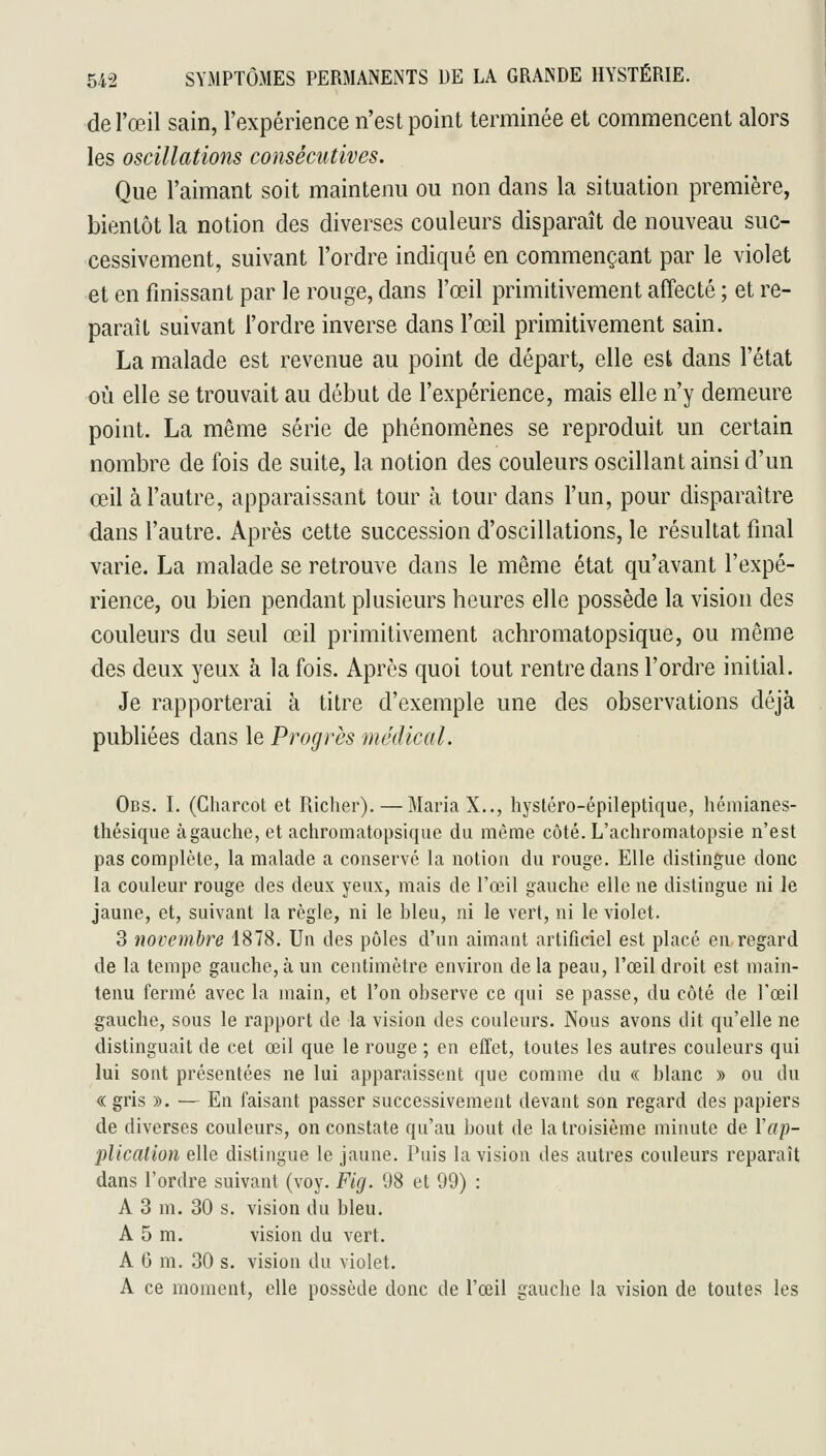 de l'œil sain, l'expérience n'est point terminée et commencent alors les oscillations consécutives. Que l'aimant soit maintenu ou non dans la situation première, bientôt la notion des diverses couleurs disparaît de nouveau suc- cessivement, suivant l'ordre indiqué en commençant par le violet et en finissant par le rouge, dans l'œil primitivement affecté ; et re- paraît suivant l'ordre inverse dans l'œil primitivement sain. La malade est revenue au point de départ, elle est dans l'état où elle se trouvait au début de l'expérience, mais elle n'y demeure point. La même série de phénomènes se reproduit un certain nombre de fois de suite, la notion des couleurs oscillant ainsi d'un œil à l'autre, apparaissant tour à tour dans l'un, pour disparaître dans l'autre. Après cette succession d'oscillations, le résultat final varie. La malade se retrouve dans le même état qu'avant l'expé- rience, ou bien pendant plusieurs heures elle possède la vision des couleurs du seul œil primitivement achromatopsique, ou même des deux yeux à la fois. Après quoi tout rentre dans l'ordre initial. Je rapporterai à titre d'exemple une des observations déjà publiées dans le Progrès médical. Obs. L (Gliarcot et Richer). — Maria X.., hystéro-épileptique, hémianes- thésique à gauche, et achromatopsique du même côté. L'achromatopsie n'est pas complète, la malade a conservé la notion du rouge. Elle distingue donc la couleur rouge des deux yeux, mais de l'œil gauche elle ne distingue ni le jaune, et, suivant la règle, ni le bleu, ni le vert, ni le violet. 3 novembre 1878. Un des pôles d'un aimant artificiel est placé en regard de la tempe gauche, à un centimètre environ de la peau, l'œil droit est main- tenu fermé avec la main, et l'on observe ce qui se passe, du côté de l'œil gauche, sous le rapport de la vision des couleurs. Nous avons dit qu'elle ne distinguait de cet œil que le rouge ; en effet, toutes les autres couleurs qui lui sont présentées ne lui apparaissent que comme du « blanc » ou du « gris ». — En faisant passer successivement devant son regard des papiers de diverses couleurs, on constate qu'au bout de la troisième minute de Vap- plication elle distingue le jaune. Puis la vision des autres couleurs reparaît dans l'ordre suivant (voy. Fig. 98 et 99) : A 3 m. 30 s. vision du bleu. A 5 m. vision du vert. A 6 m. 30 s. vision du violet. A ce moment, elle possède donc de l'œil gauche la vision de toutes les