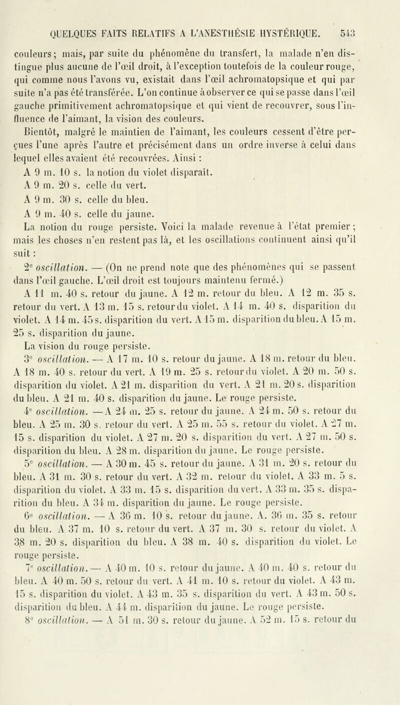 couleurs ; mais, par suite du phénomène du transfert, la malade n'en dis- tingue plus aucune de l'œil droit, à l'exception toutefois de la couleur rouge, qui comme nous l'avons vu, existait dans l'œil achromatopsique et qui par suite n'a pas été transférée. L'on continue à observer ce qui se passe dans l'œil gauche primitivement achromatopsique et qui vient de recouvrer, sous l'in- fluence de l'aimant, la vision des couleurs. Bientôt, malgré le maintien de l'aimant, les couleurs cessent d'être per- çues l'une après l'autre et précisément dans un ordre inverse à celui dans lequel elles avaient été recouvrées. Ainsi : A 9 m. 10 s. la notion du violet disparait. A 9 m. 20 s. celle du vert. A 9 m. 30 s. celle du bleu. A 9 m. 40 s. celle du jaune. La notion du rouge persiste. Voici la malade revenue à l'état premier ; mais les choses n'en restent pas Là, et les oscillations continuent ainsi qu'il suit : S'' oscillation. — (On ne prend note que des phénomènes qui se passent dans l'œil gauche. L'œil droit est toujours maintenu fermé.) A II m. 40 s. retour du jaune. A 1:2 m. retour du bleu. A 12 m. 35 s. retour du vert. A 13 m. 15 s. retour du violet. A 14 m. 40 s. disparition du violet. A 14 m. 45 s. disparition du vert. A15 m. disparition du bleu. A 15 m. 25 s. disparition du jaune. La vision du rouge persiste. 3° oscillation. — A 17 m. 10 s. retour du jaune. A 18 m. retour du bleu. A 18 m. 40 s. retour du vert. X 19 m. 25 s. retour du violet. A 20 m. 50 s. disparition du violet. A 21 m. disparition du vert. A 21 m. 20 s. disparition du bleu. A 21 m. 40 s. disparition du jaune. Le rouge persiste. 4' oscillation. —A 24 m. 25 s. retour du jaune. A 24 m. 50 s. retour du bleu. A 25 m. 30 s. retour du vert. A 25 m. 55 s. retour du violet. A 27 m. 15 s. disparition du violet. A 27 m. 20 s. disparition du vert. A 27 m. 50 s. disparition du bleu. A 28 m. disparition du jaune. Le rouge persiste. 5' oscillation. — A 30 m. 45 s. retour du jaune. A 31 m. 20 s. retour du bleu. A 31 m. 30 s. retour du vert. A 32 m. retour du violet. A 33 m. 5 s. disparition du violet. A 33 m. 15 s. disparition du vert. A 33 m. 35 s. dispa- rition du bleu. A 34 m. disparition du jaune. Le rouge persiste. 6= oscillation. — A 36 m. 10 s. retour du jaune. A. 36 m. 35 s. retour du bleu. A 37 m. 10 s. retour du vert. A 37 m. 30 s. retour du violet. A 38 m. 20 s. disparition du bleu. A 38 m. 40 s. disparition du violet. Le rouge persiste. 7' oscillation.— A 40 m. 10 s. retour du jaune. A 40 m. 40 s. retour du bleu. A 40 m. 50 s. retour du vert. A 41 m. 10 s. retour du violet. A 43 m. 15 s. disparition du violet. X 43 m. 35 s. disparition du vert. A 43 m. 50 s. disparition du bleu. A 44 m. disparition du jaune. Le rouge persiste. 8° oscillation. — A 51 m. 30 s. retour du jaune. A 52 m. 15 s. retour du