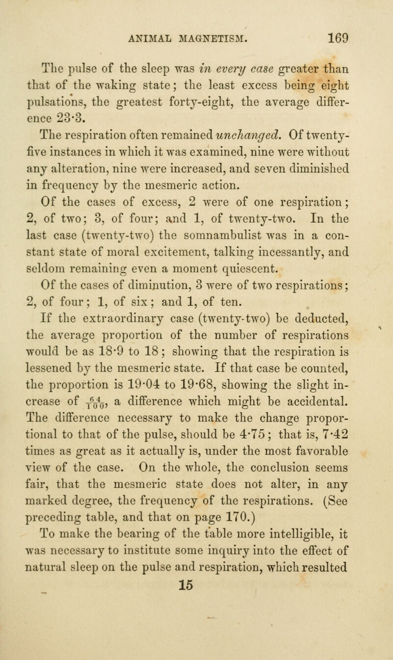 The pulse of the sleep was in every case greater than that of the waking state; the least excess being eight pulsations, the greatest forty-eight, the average differ- ence 23-3. The respiration often remained unchanged. Of twenty- five instances in which it was examined, nine were without any alteration, nine were increased, and seven diminished in frequency by the mesmeric action. Of the cases of excess, 2 were of one respiration; 2, of two; 3, of four; and 1, of twenty-two. In the last case (twenty-two) the somnambulist was in a con- stant state of moral excitement, talking incessantly, and seldom remaining even a moment quiescent. Of the cases of diminution, 3 were of two respirations; 2, of four; 1, of six; and 1, of ten. If the extraordinary case (twenty-two) be deducted, the average proportion of the number of respirations would be as 18*9 to 18; showing that the respiration is lessened by the mesmeric state. If that case be counted, the proportion is 19-04 to 19*68, showing the slight in- crease of y^Q, a difference which might be accidental. The difference necessary to make the change propor- tional to that of the pulse, should be 4*75; that is, 7*42 times as great as it actually is, under the most favorable view of the case. On the whole, the conclusion seems fair, that the mesmeric state does not alter, in any marked degree, the frequency of the respirations. (See preceding table, and that on page 170.) To make the bearing of the table more intelligible, it was necessary to institute some inquiry into the effect of natural sleep on the pulse and respiration, which resulted 15