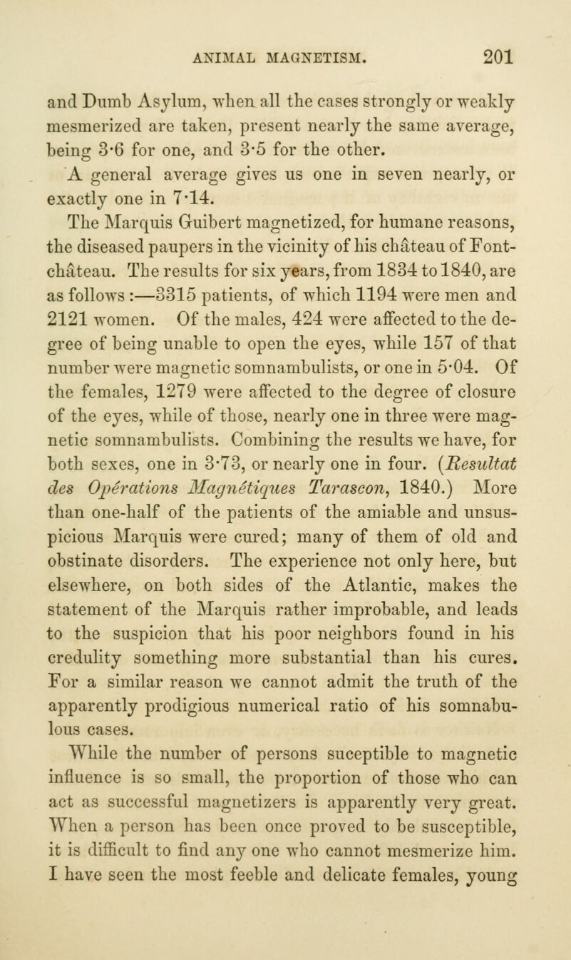and Dumb Asylum, -when all the cases strongly or weakly mesmerized are taken, present nearly the same average, being 3*6 for one, and 3*5 for the other. A general average gives us one in seven nearly, or exactly one in 7*14. The Marquis Guibert magnetized, for humane reasons, the diseased paupers in the vicinity of his chateau of Font- chateau. The results for six years, from 1834 to 1840, are as follows :—3315 patients, of which 1194 were men and 2121 women. Of the males, 424 were affected to the de- gree of being unable to open the eyes, while 157 of that number were magnetic somnambulists, or one in 5-04. Of the females, 1279 were affected to the degree of closure of the eyes, while of those, nearly one in three were mag- netic somnambulists. Combining the results we have, for both sexes, one in 3*73, or nearly one in four. {Resultat des Operations Magnetiqiies Tarascon, 1840.) More than one-half of the patients of the amiable and unsus- picious Marquis were cured; many of them of old and obstinate disorders. The experience not only here, but elsewhere, on both sides of the Atlantic, makes the statement of the Marquis rather improbable, and leads to the suspicion that his poor neighbors found in his credulity something more substantial than his cures. For a similar reason we cannot admit the truth of the apparently prodigious numerical ratio of his somnabu- lous cases. While the number of persons suceptible to magnetic influence is so small, the proportion of those who can act as successful magnetizers is apparently very great. When a person has been once proved to be susceptible, it is difficult to find any one who cannot mesmerize him. I have seen the most feeble and delicate females, young