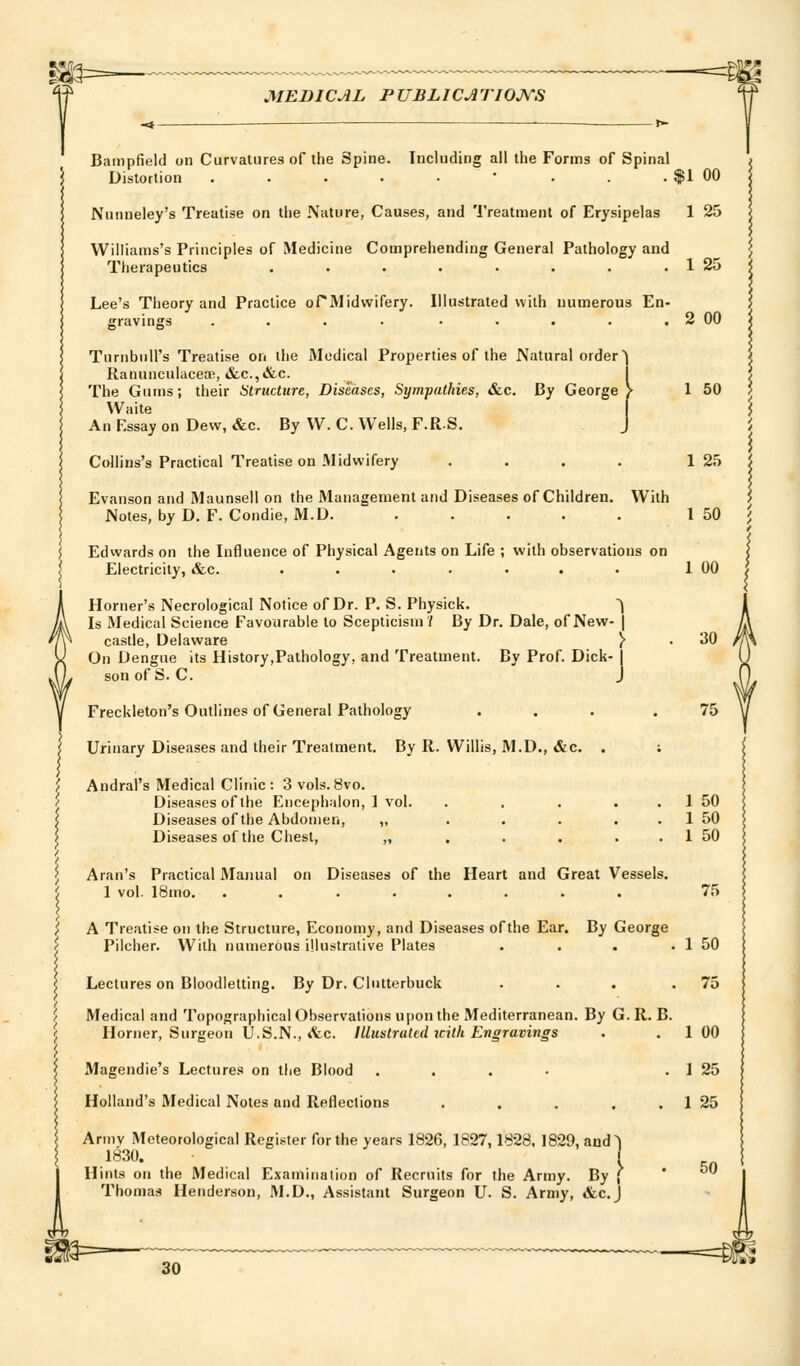 MEDICAL PUBLIC^TIOJVS Bampfield on Curvatures of the Spine. Including all the Forms of Spinal Distortion • • . . $1 00 Nunneley's Treatise on the Nature, Causes, and Treatment of Erysipelas 1 25 Williams's Principles of Medicine Comprehending General Pathology and lustrated with numerous En- Therapeutics Lee's Theory and Practice oTMidwifery. gravings .... ..... Turnbull's Treatise on the Medical Properties of the Natural order) Ranunculacea^, «&c.,&c. ^ I The Gums; their Structure, Diseases, Sympathies, &c. By George > VVaite An Essay on Dew, &c. By W. C. Wells, F.RS. J CoHins's Practical Treatise on Midwifery .... Evanson and Maunsell on the Management and Diseases of Children. With Notes, by D. F. Condie, M.D. ..... Edwards on the Influence of Physical Agents on Life ; with observations on Electricity, &c. ....... Horner's Necrological Notice of Dr. P. S. Physick. j Is Medical Science Favourable to Scepticism / By Dr. Dale, of New- | castle, Delaware } On Dengue its History,Pathology, and Treatment. By Prof. Dick- | son of S. C. J Freckleton's Outlines of General Pathology .... Urinary Diseases and their Treatment. By R. Willis, M.D., i&c. . ; Andral's Medical Clinic: 3 vols.8vo. Diseases of the Encephalon, 1 vol. ..... Diseases of the Abdomen, „ ..... Diseases of the Chest, ...... Aran's Practical Manual on Diseases of the Heart and Great Vessels. 1 vol. 18mo. ........ A Treatise 0!i the Structure, Economy, and Diseases ofthe Ear. By George Pilcher. With numerous illustrative Plates . . . . Lectures on Bloodletting. By Dr. Clntterbuck . . . . Medical and Topographical Observations upon the Mediterranean. By G. R. B. Horner, Surgeon U.S.N., «fec. Illustrated icitli Engravings Magendie's Lectures on the Blood . . . • Holland's Medical Notes and Reflections ..... Army Meteorological Register for the years 1826, 1827,1828. 1829, and^ 1830. I Hints on the Medical Examination of Recruits for the Army. By j Thomas Henderson, M.D., Assistant Surgeon U. S. Army, &c.J 1 25 2 00 1 50 1 25 1 50 1 00 30 75 1 50 1 50 1 50 1 50 75 1 00 1 25 1 25 50